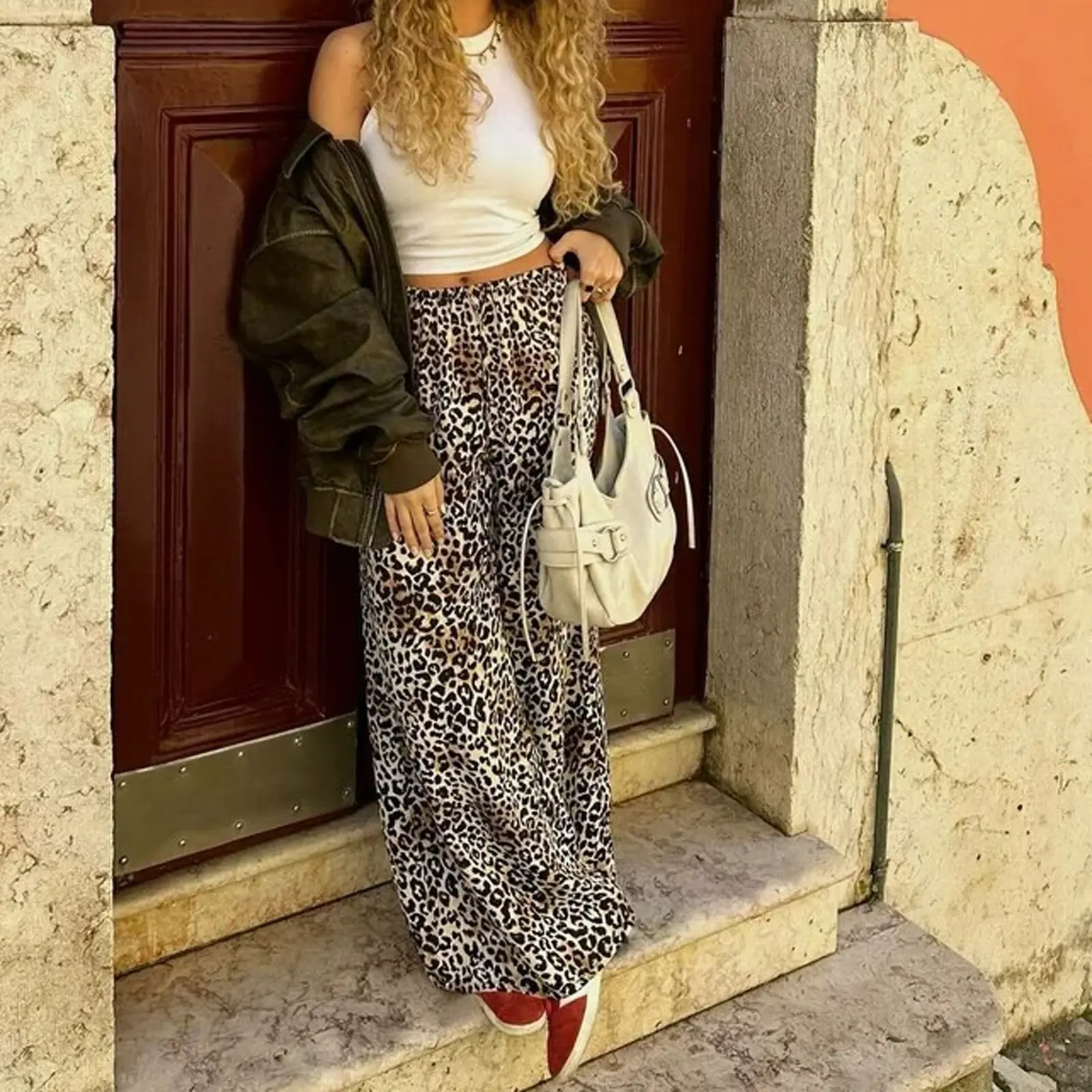 Women's Lounge Pants Casual Loose Leopard Print Elastic Waist Wide Leg Drawstring Pants for Summer Spring Fall