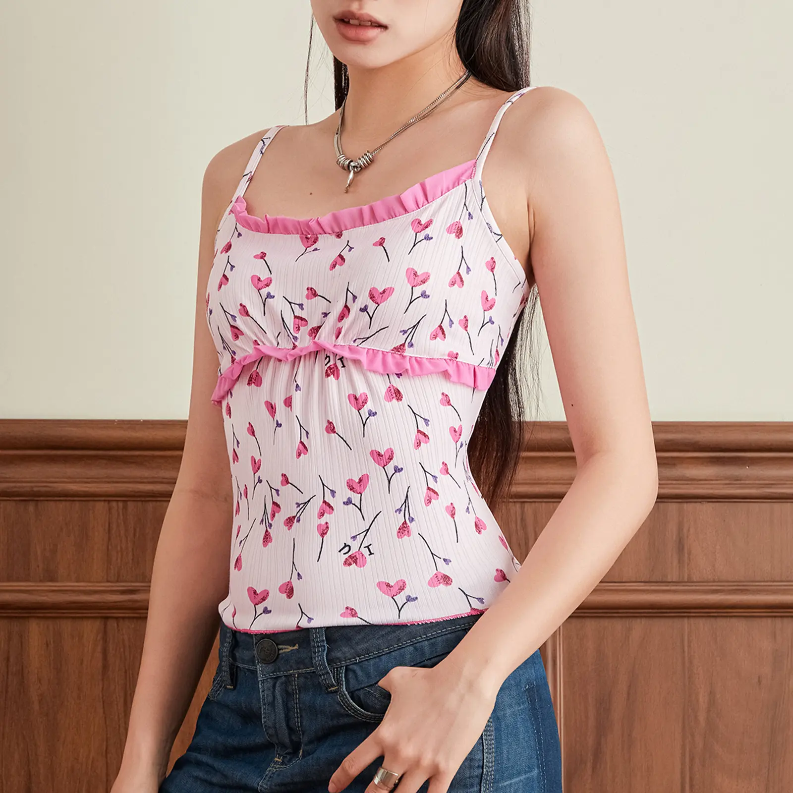 Women's Summer Cami Tops Cute Heart Print Frill Tank Tops Sleeveless Spaghetti Strap Camisoles