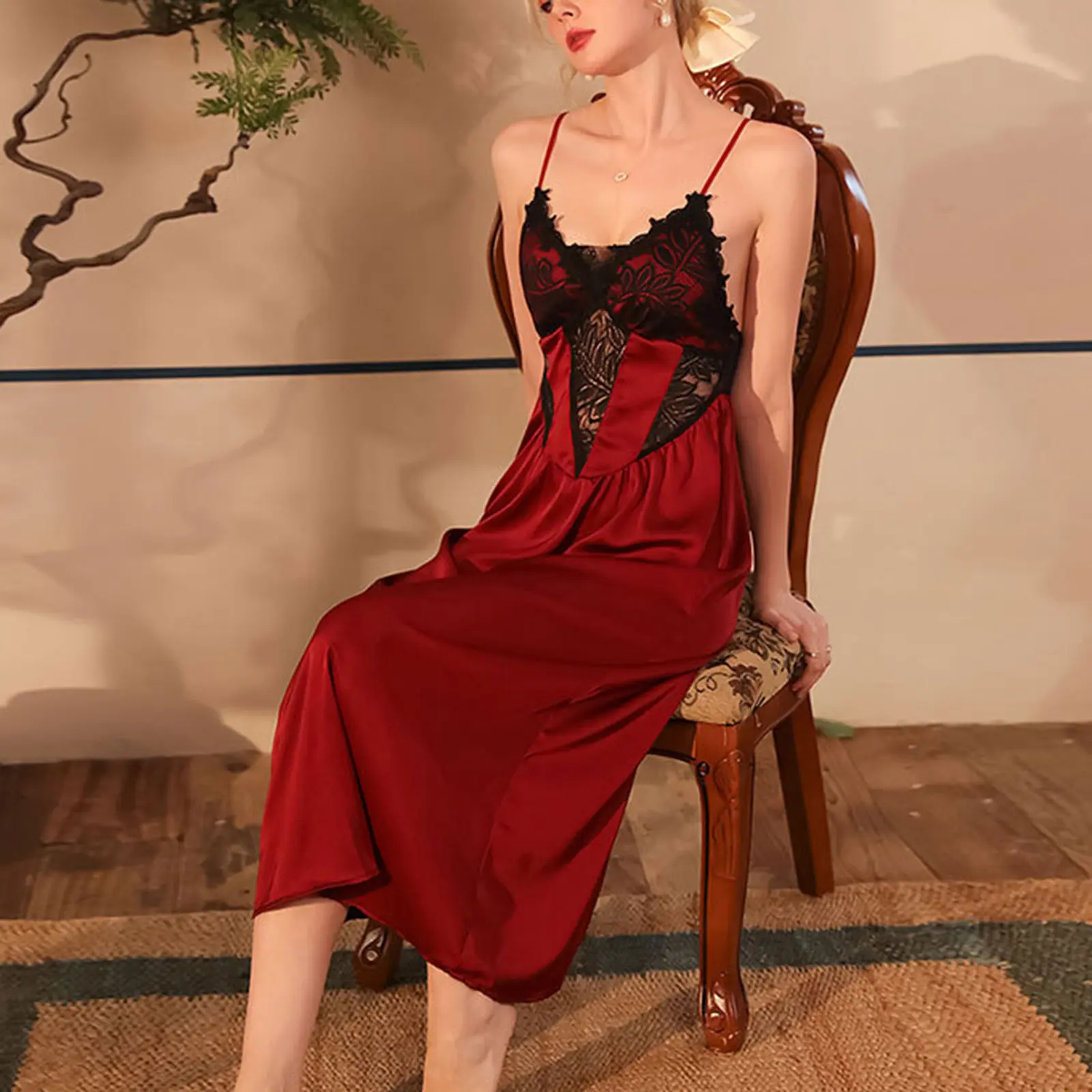 Women's Silk Cami Nightdress Lace Trim V Neck Open Back Cross Spaghetti Strap Pajama Dress Summer Nightgown