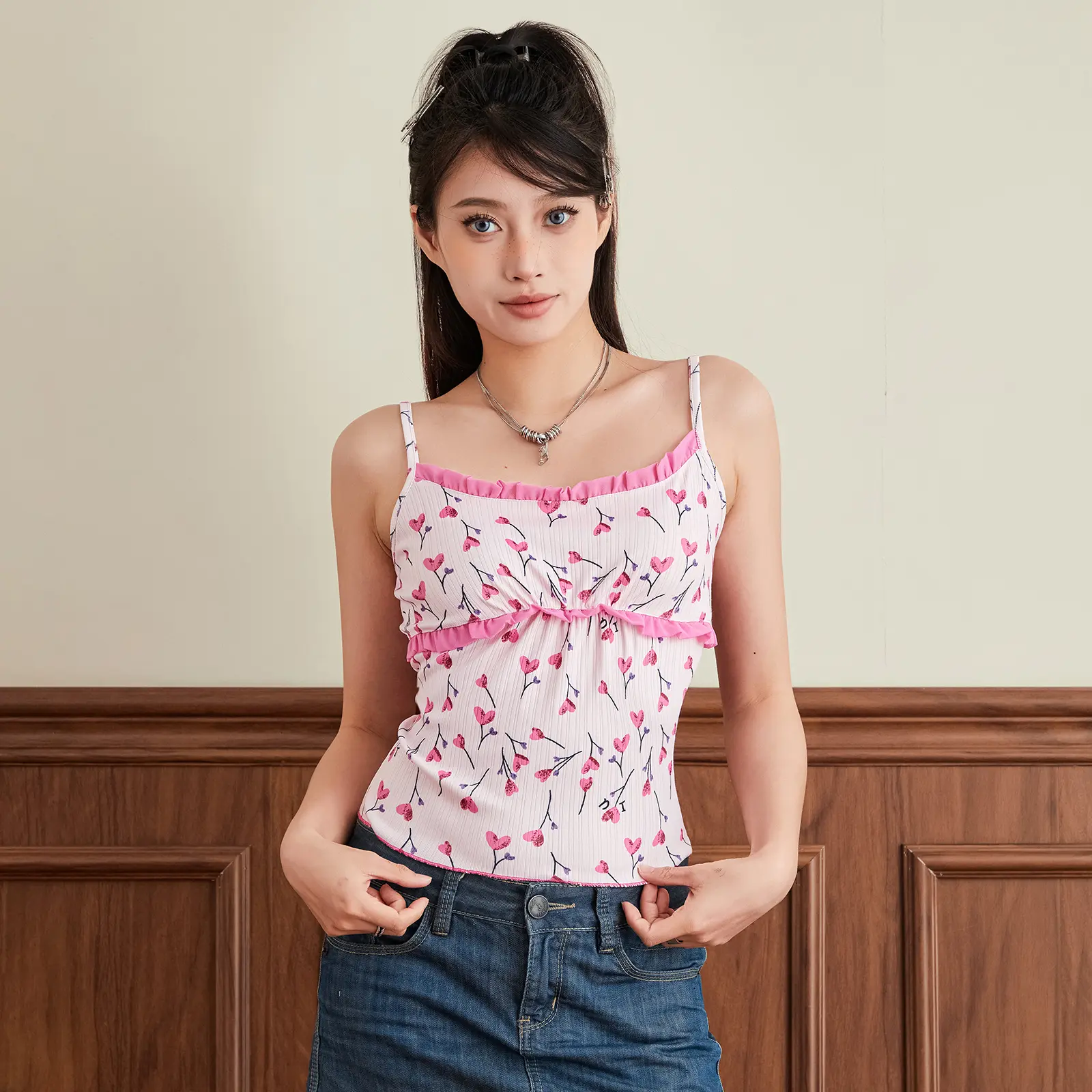 Women's Summer Cami Tops Cute Heart Print Frill Tank Tops Sleeveless Spaghetti Strap Camisoles