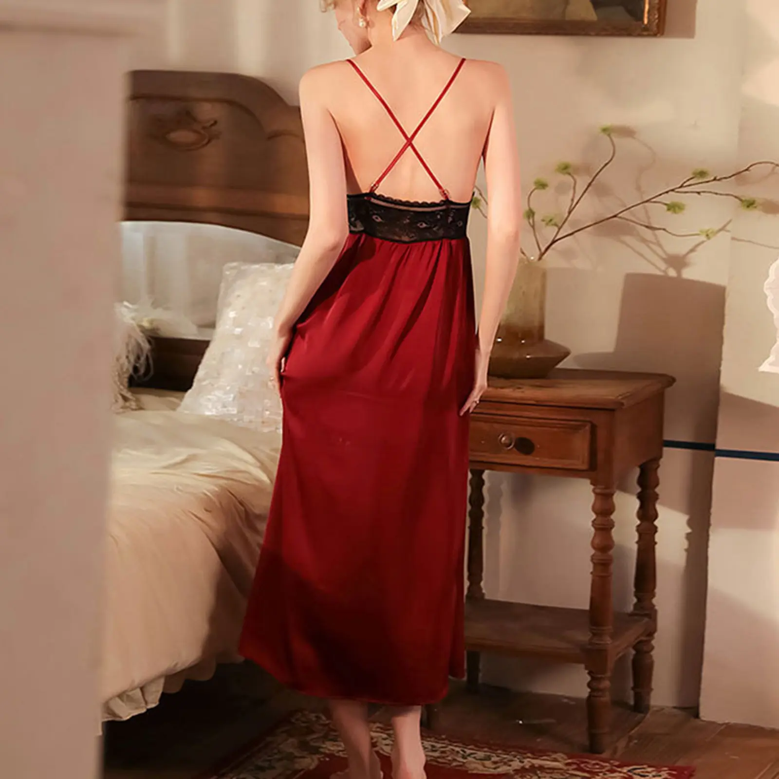 Women's Silk Cami Nightdress Lace Trim V Neck Open Back Cross Spaghetti Strap Pajama Dress Summer Nightgown
