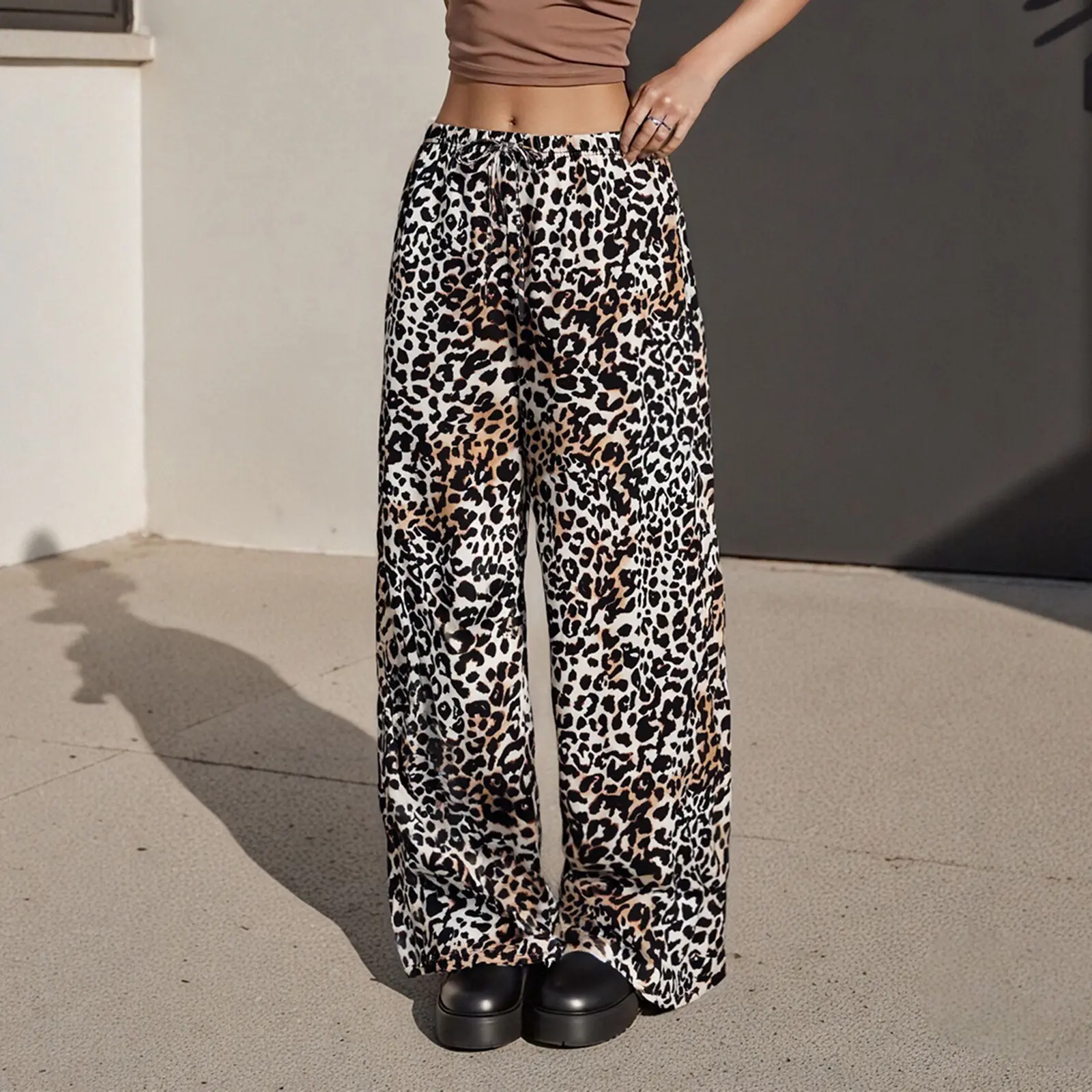 Women's Lounge Pants Casual Loose Leopard Print Elastic Waist Wide Leg Drawstring Pants for Summer Spring Fall