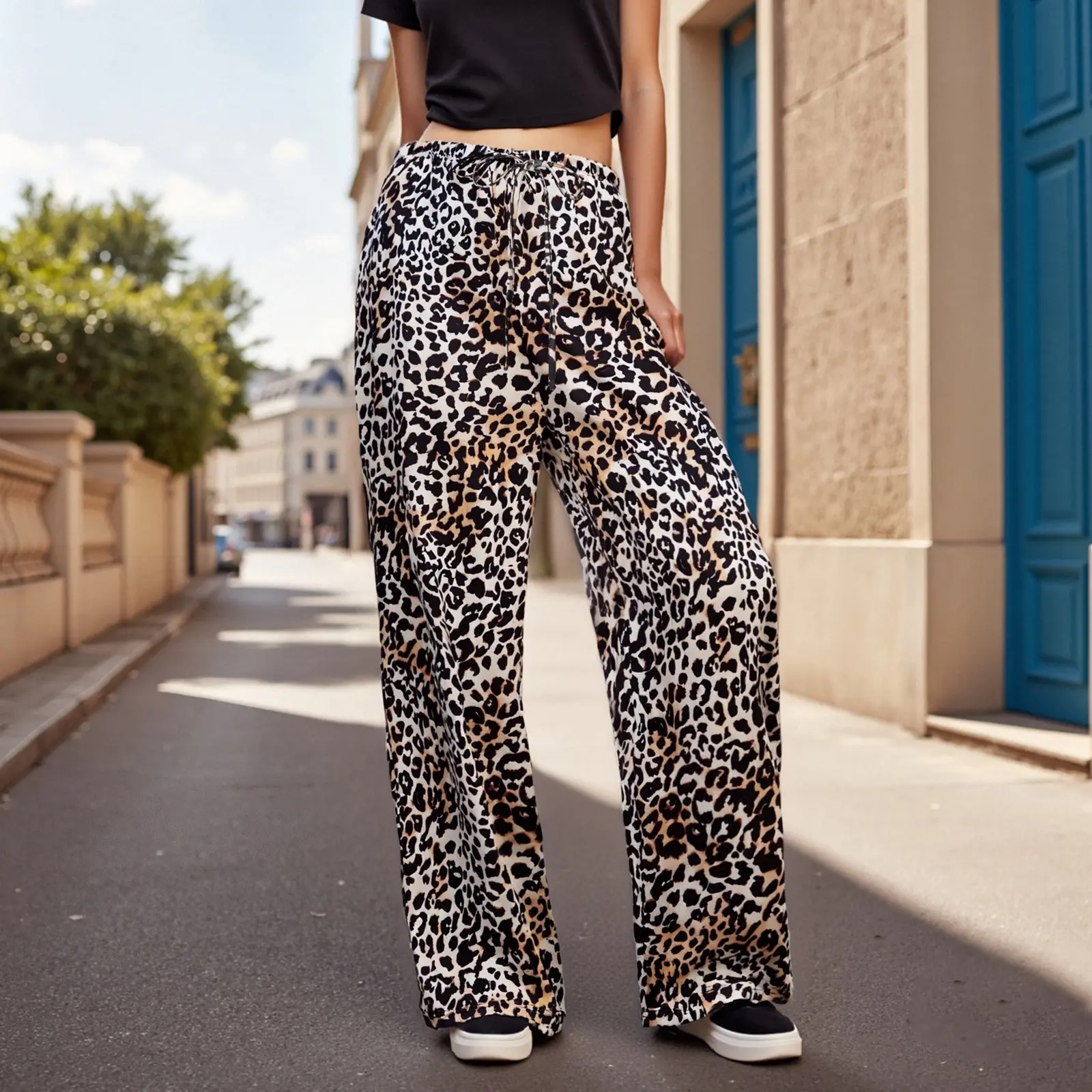 Women's Lounge Pants Casual Loose Leopard Print Elastic Waist Wide Leg Drawstring Pants for Summer Spring Fall