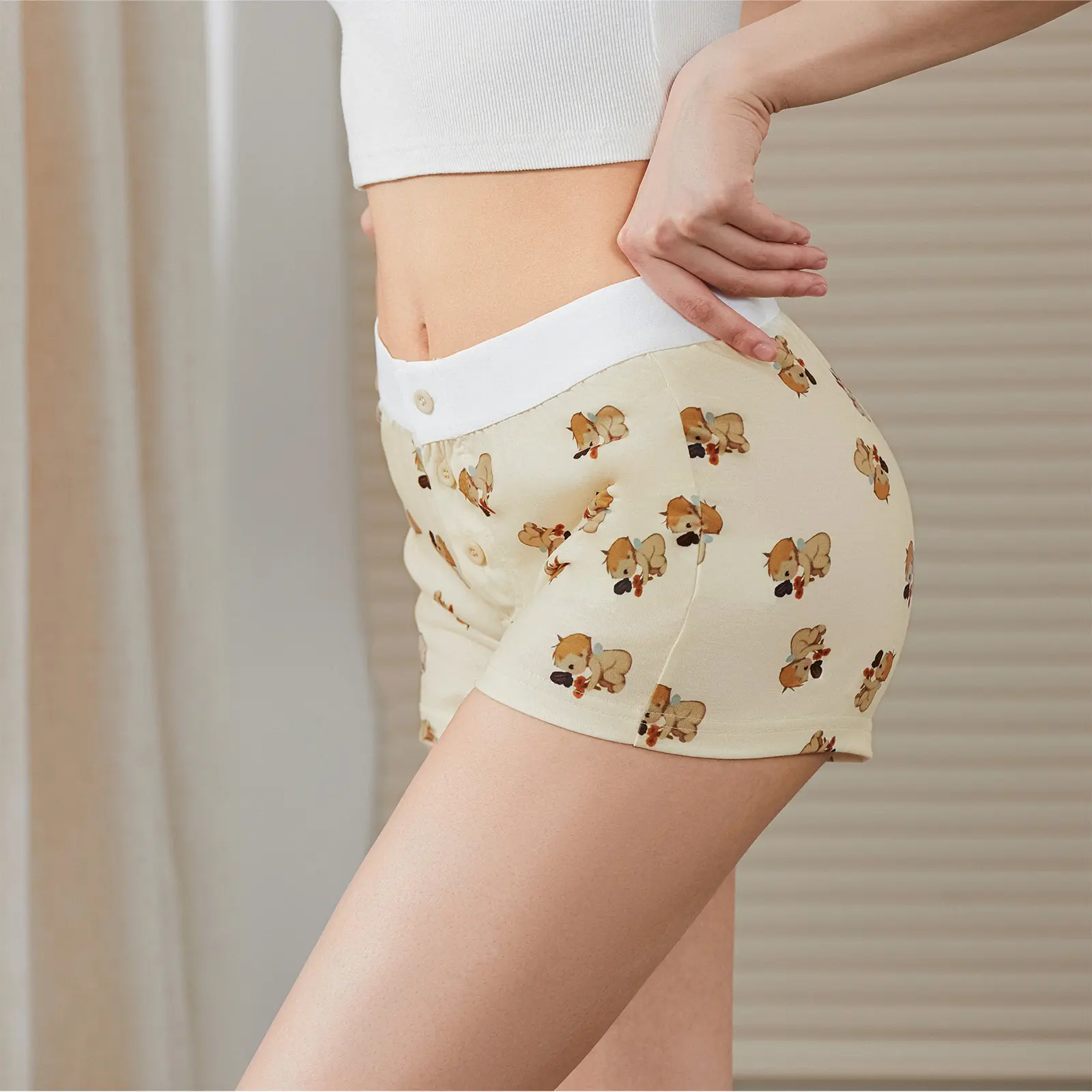 Women Casual Lounge Shorts, Elastic Waist Button Closure Little Angels Print Boy Shorts Pajama Shorts Sleepwear