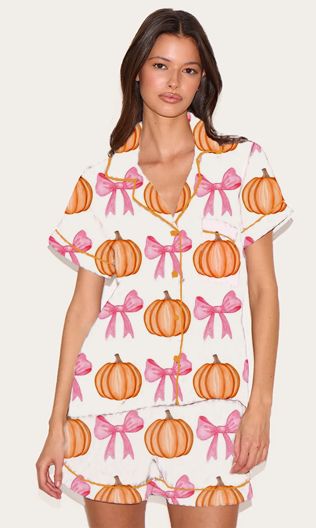 Women Halloween Pajama Set Pumpkin Short Sleeve Button-up Tops Elastic Waist Shorts 2 Piece Sleepwear Outfit