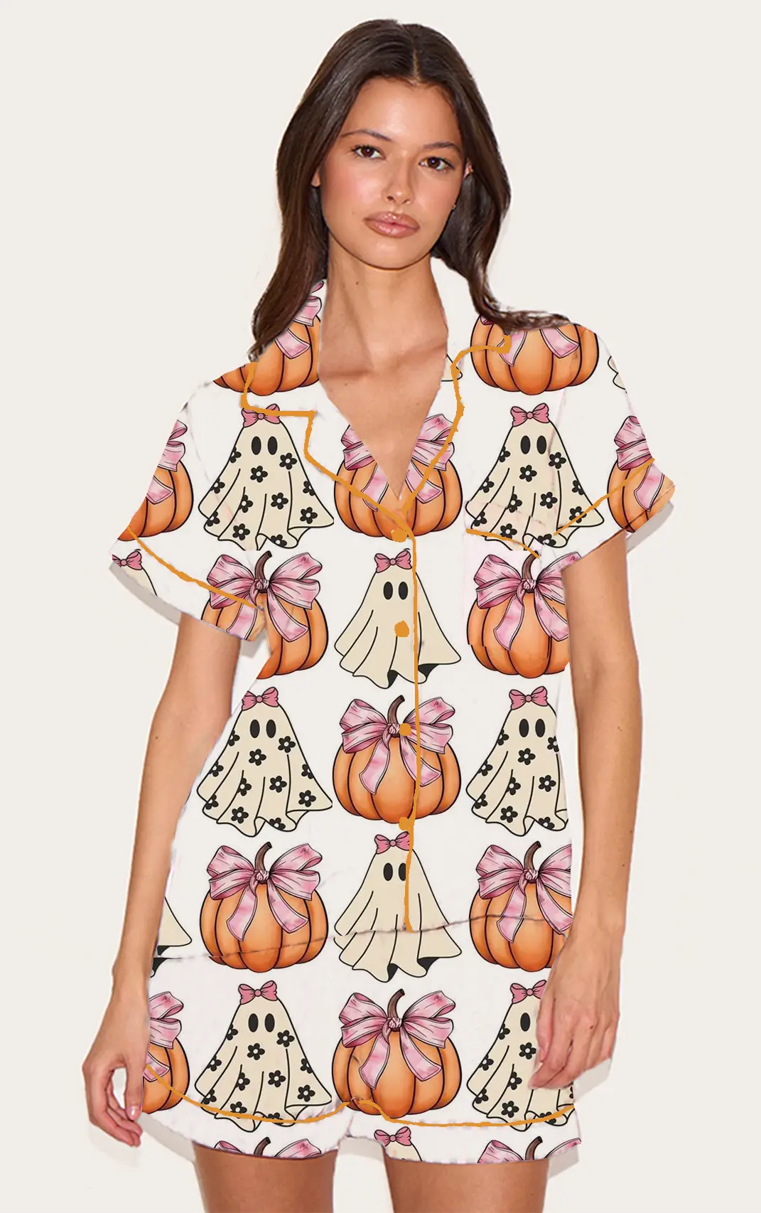 Women Halloween Pajama Set Pumpkin Short Sleeve Button-up Tops Elastic Waist Shorts 2 Piece Sleepwear Outfit