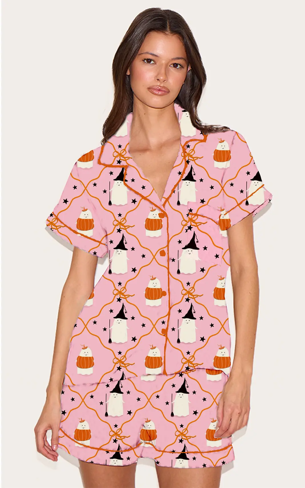 Women Halloween Pajama Set Pumpkin Short Sleeve Button-up Tops Elastic Waist Shorts 2 Piece Sleepwear Outfit