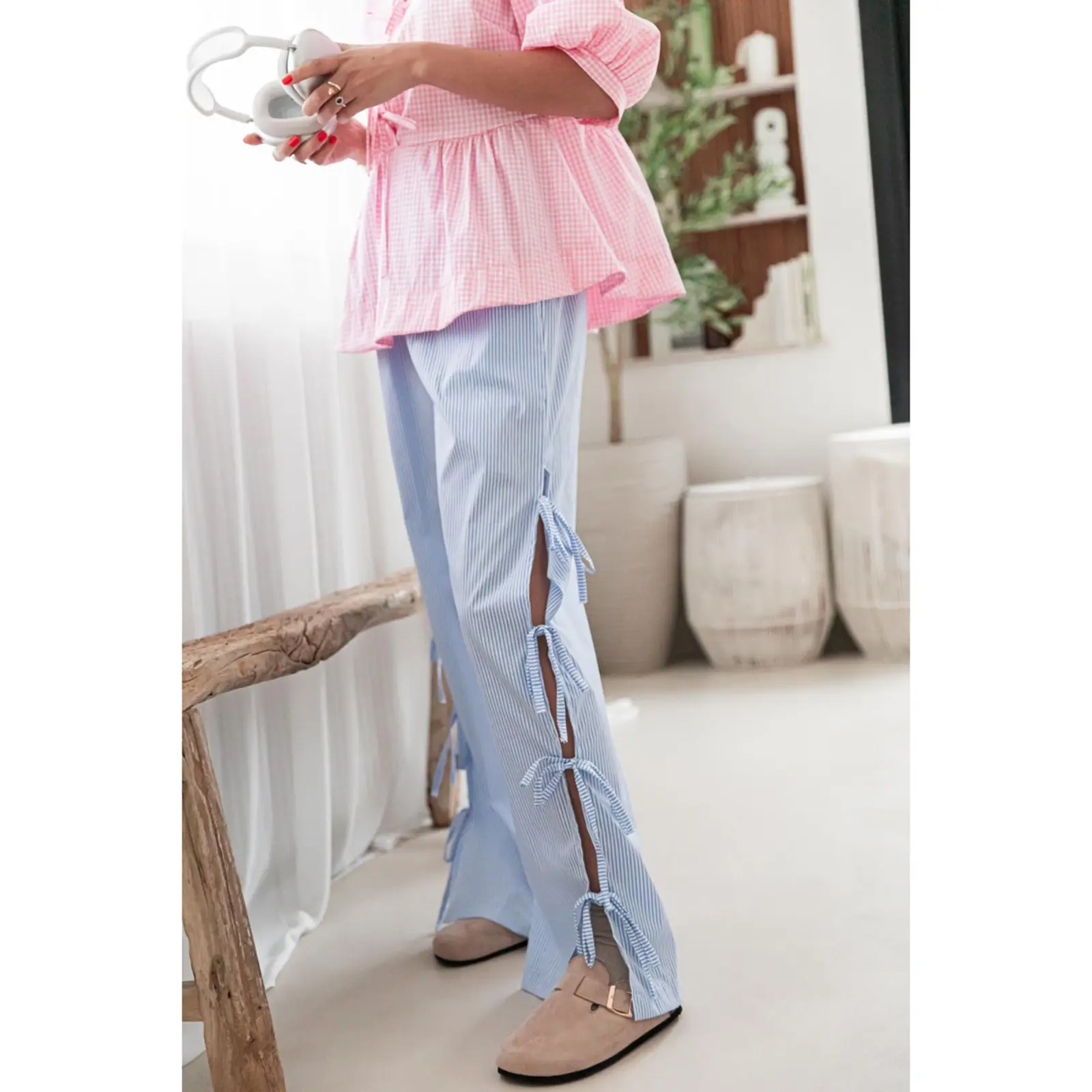 Women Basics Wide-Leg Pants Stripe Side Tie-Up Loose Trousers Spring Summer Casual Sweatpants Bottoms