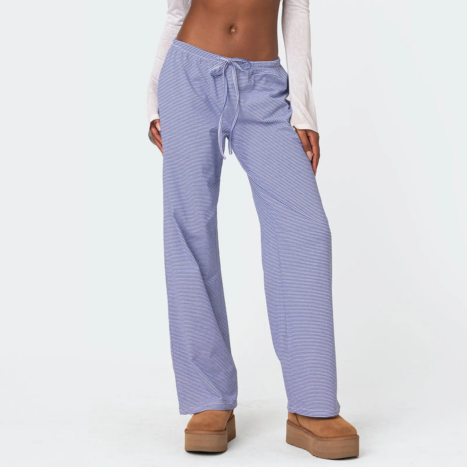 Women Striped Pajama Pants, Elastic Waist Tie-up Loose Lounge Pants Fall Sleepwear