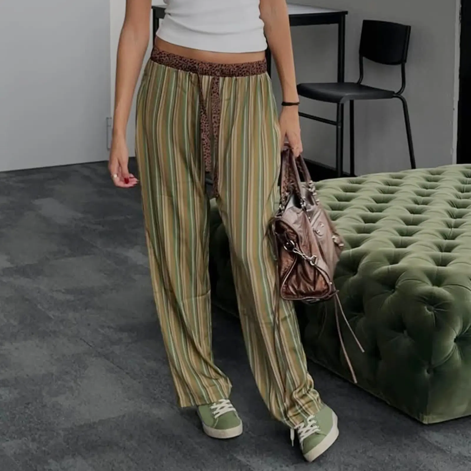 Women's Spring Summer Drawstring Pants Leopard/Stripe Print Loose Wide Leg Trousers
