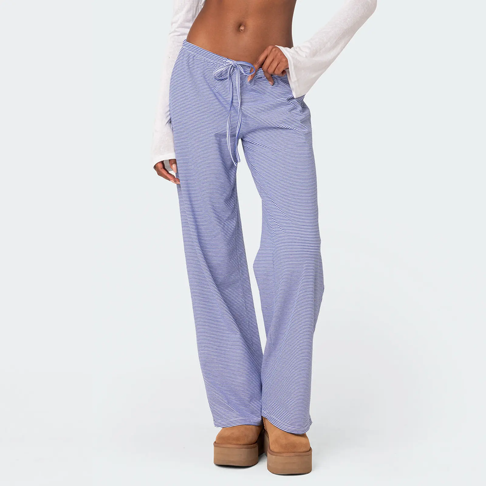 Women Striped Pajama Pants, Elastic Waist Tie-up Loose Lounge Pants Fall Sleepwear
