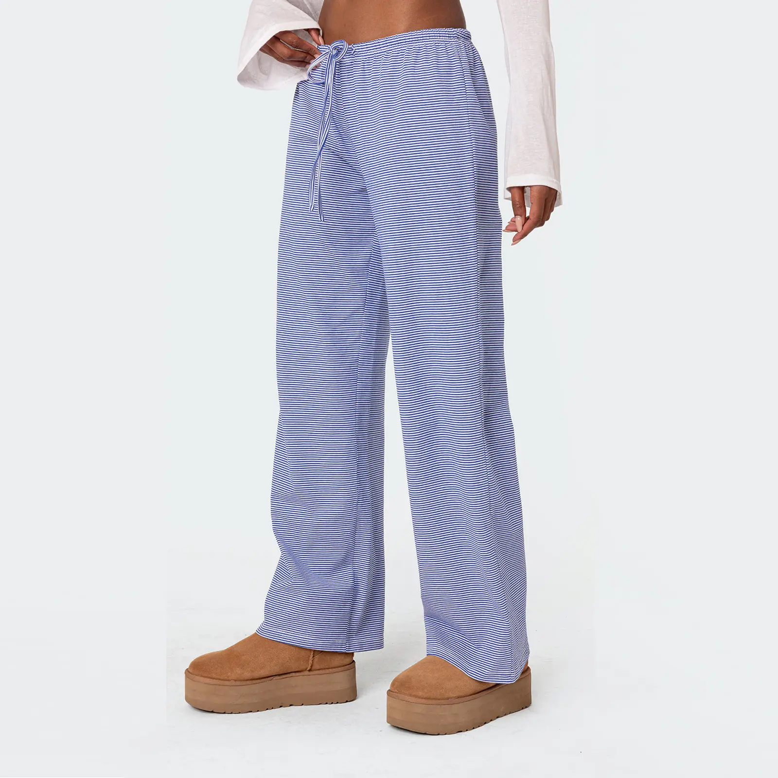 Women Striped Pajama Pants, Elastic Waist Tie-up Loose Lounge Pants Fall Sleepwear
