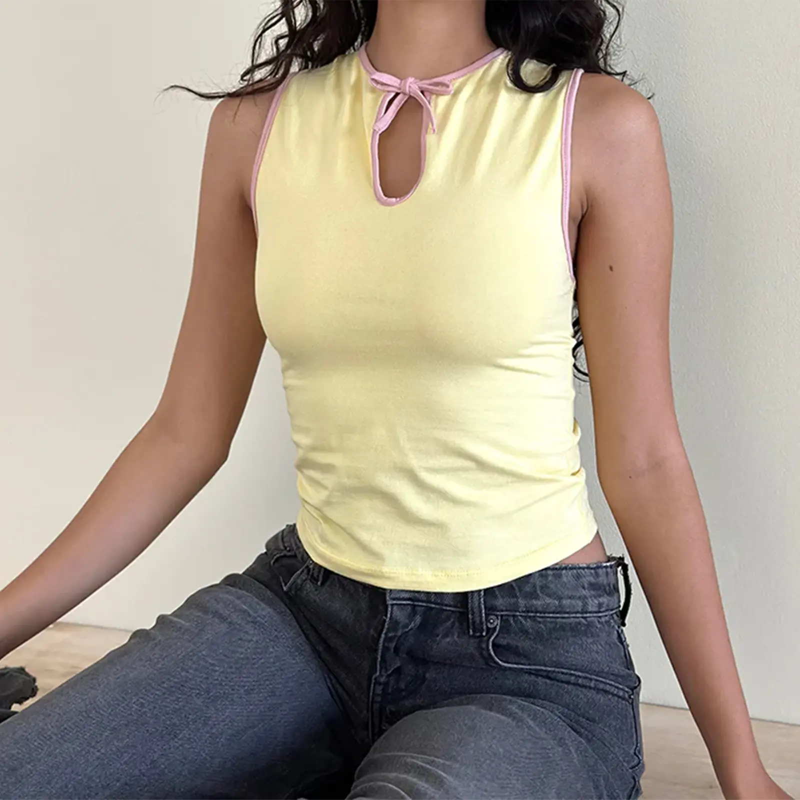 Women's Keyhole Tank Tops Sleeveless Tie-up Crew Neck Contrast Line/Plaid Print Tank Tops Summer Shirts