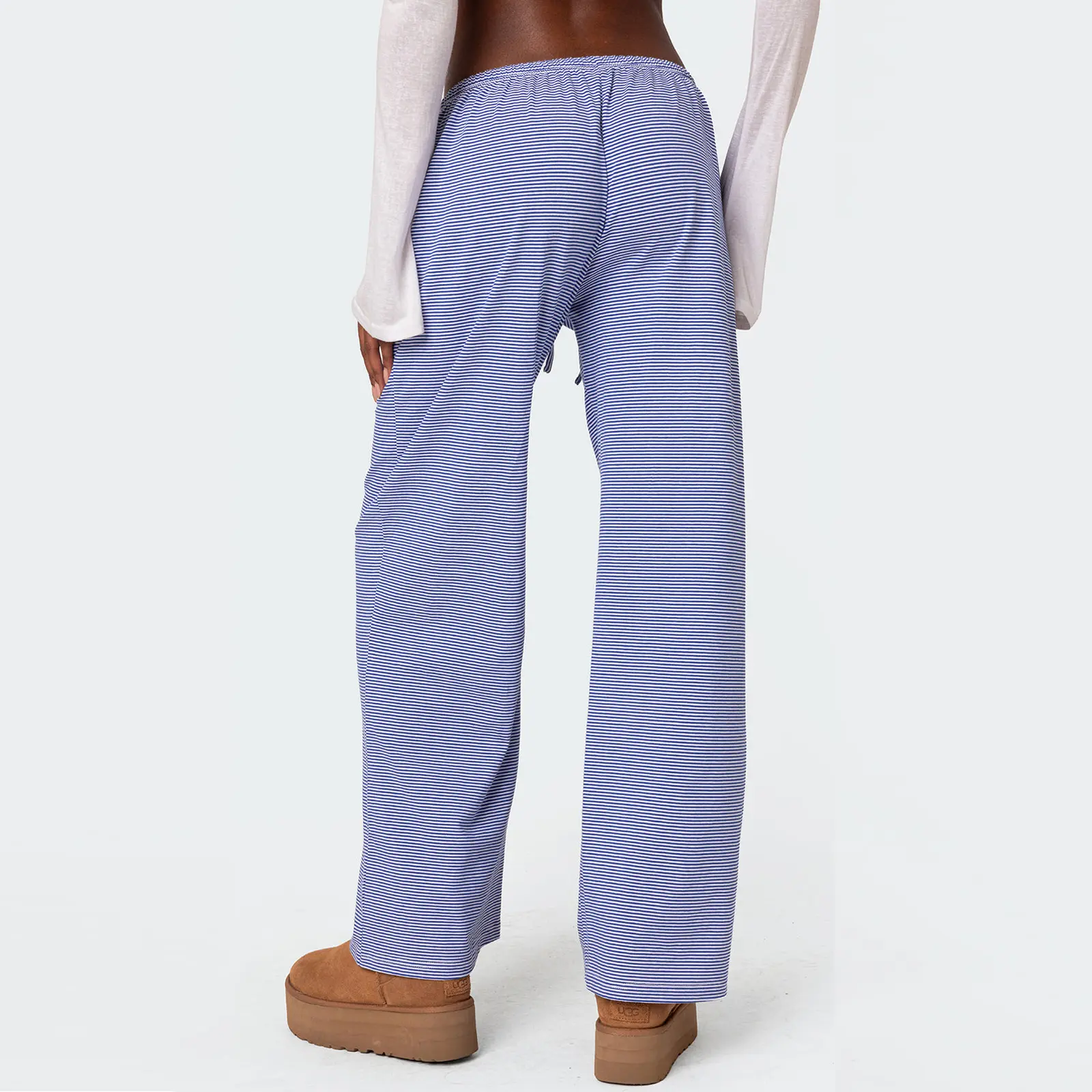 Women Striped Pajama Pants, Elastic Waist Tie-up Loose Lounge Pants Fall Sleepwear
