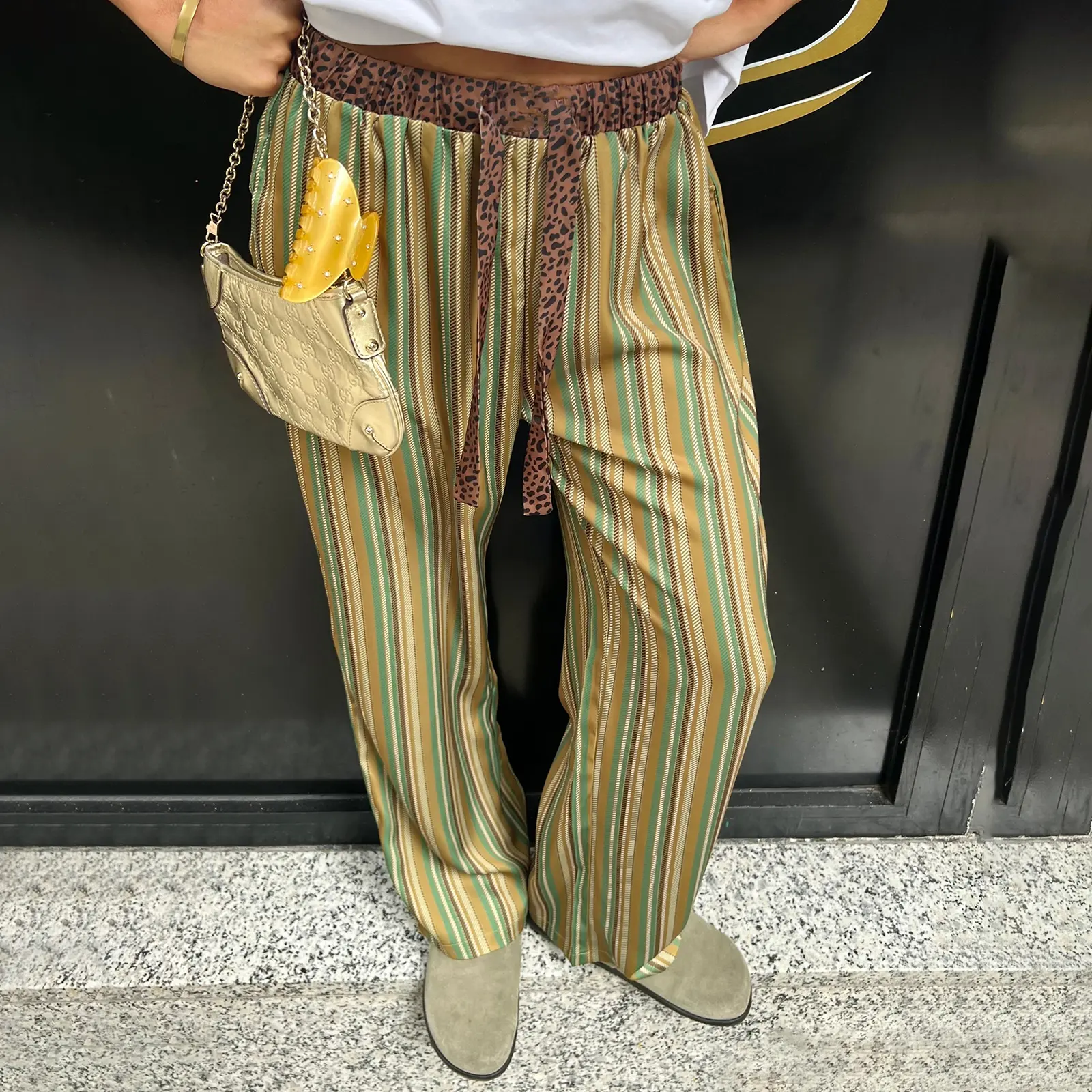 Women's Spring Summer Drawstring Pants Leopard/Stripe Print Loose Wide Leg Trousers