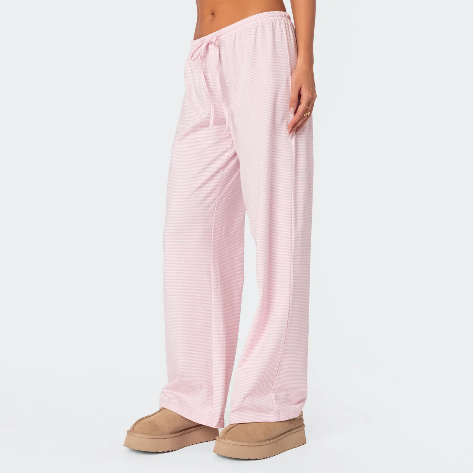 Women Striped Pajama Pants, Elastic Waist Tie-up Loose Lounge Pants Fall Sleepwear