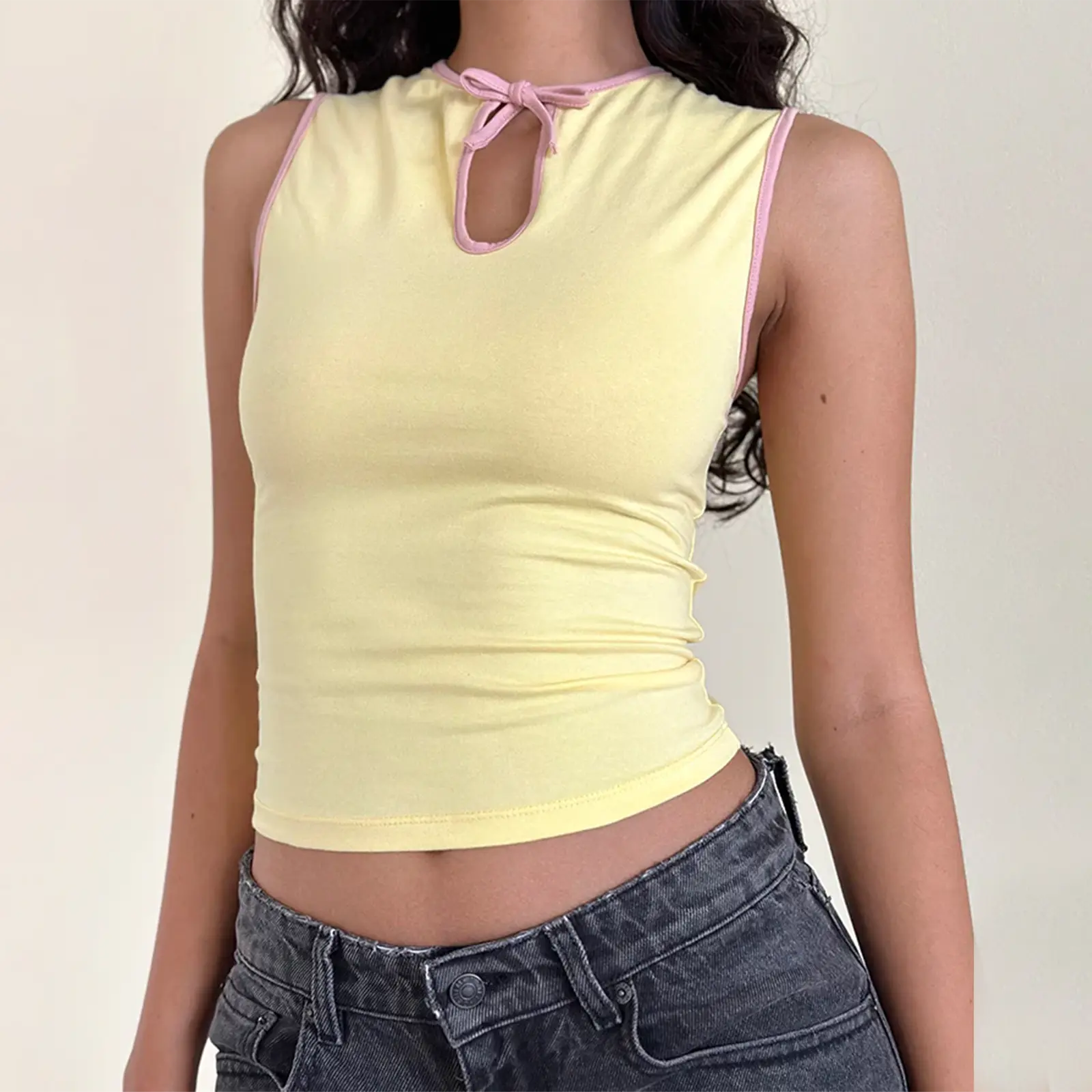 Women's Keyhole Tank Tops Sleeveless Tie-up Crew Neck Contrast Line/Plaid Print Tank Tops Summer Shirts