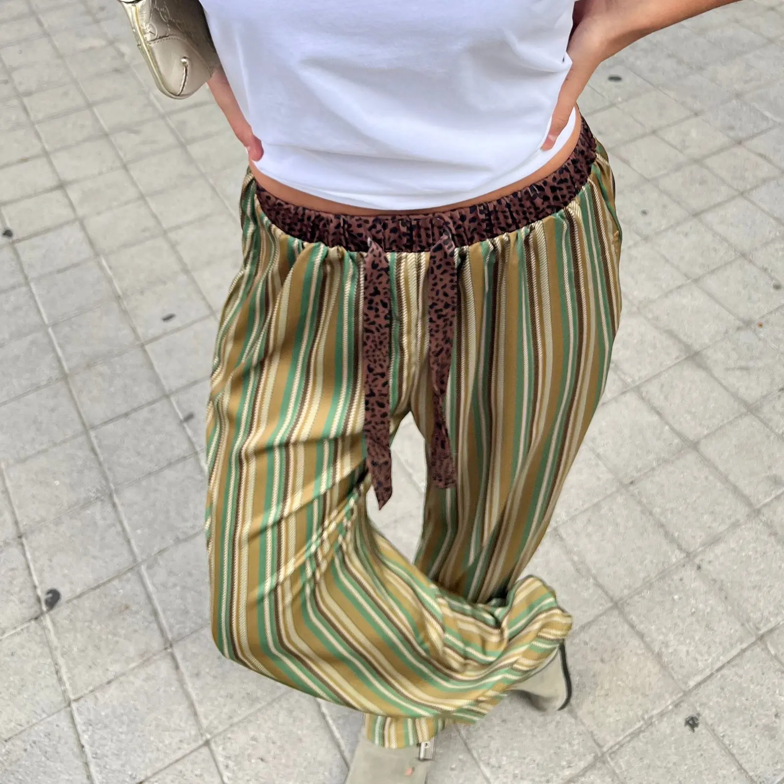 Women's Spring Summer Drawstring Pants Leopard/Stripe Print Loose Wide Leg Trousers