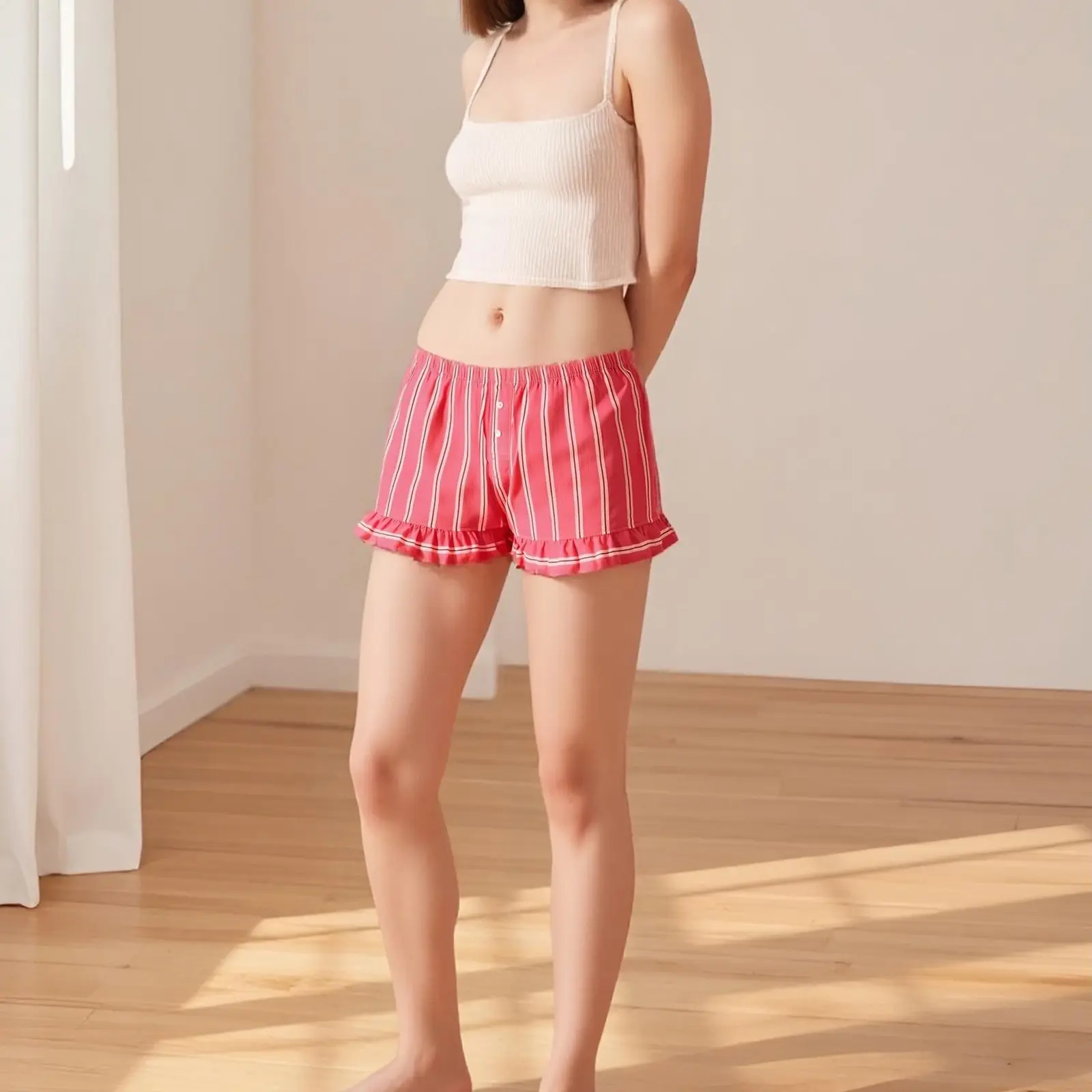 Women Lounge Shorts, Elastic Waist Striped Ruffled Summer Pajama Shorts Sleepwear