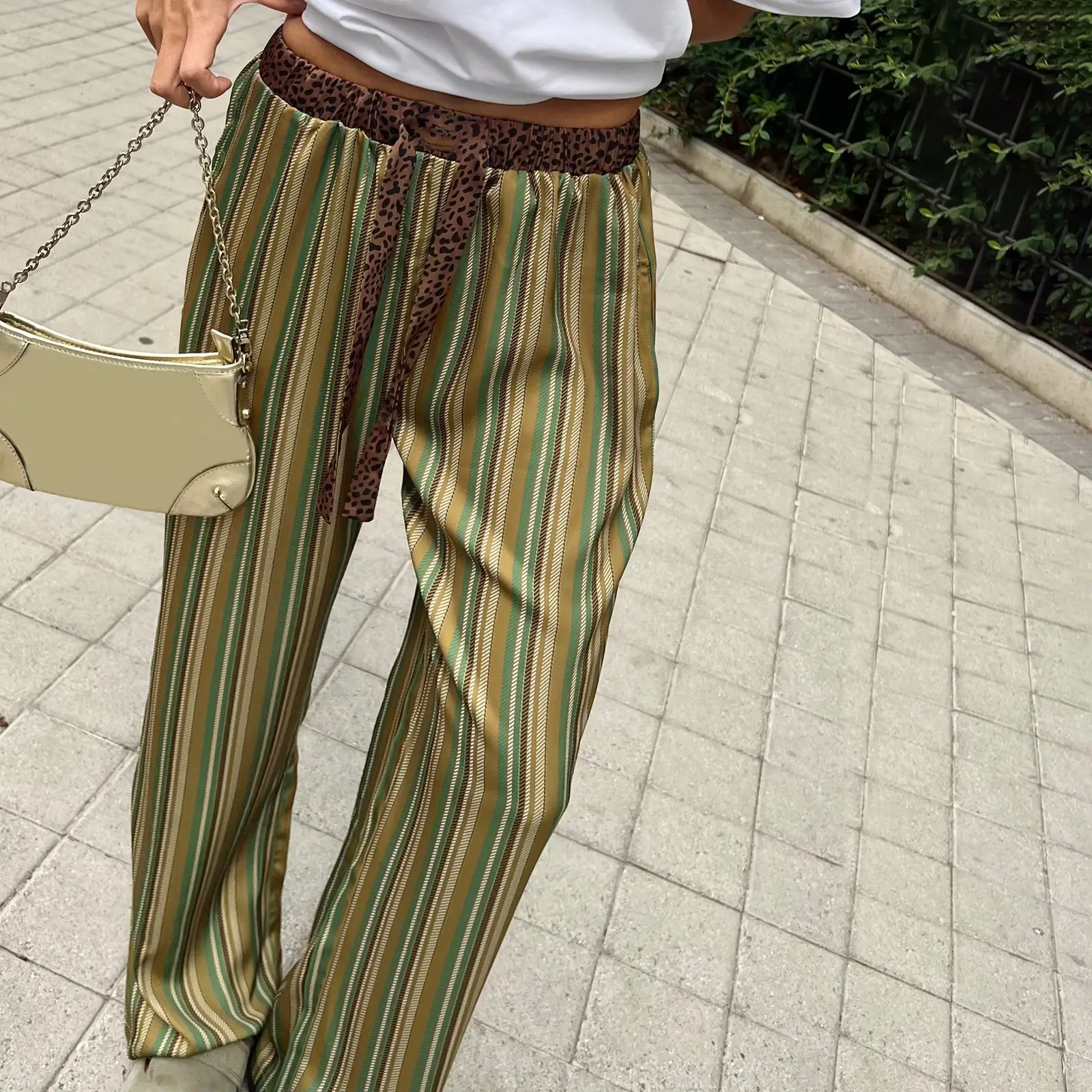 Women's Spring Summer Drawstring Pants Leopard/Stripe Print Loose Wide Leg Trousers