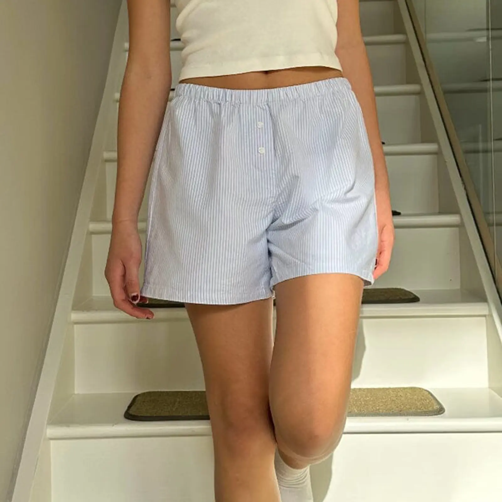 Women Casual Basics Striped Shorts, Elastic Waist Casual Shorts Summer Streetwear for Daily Date