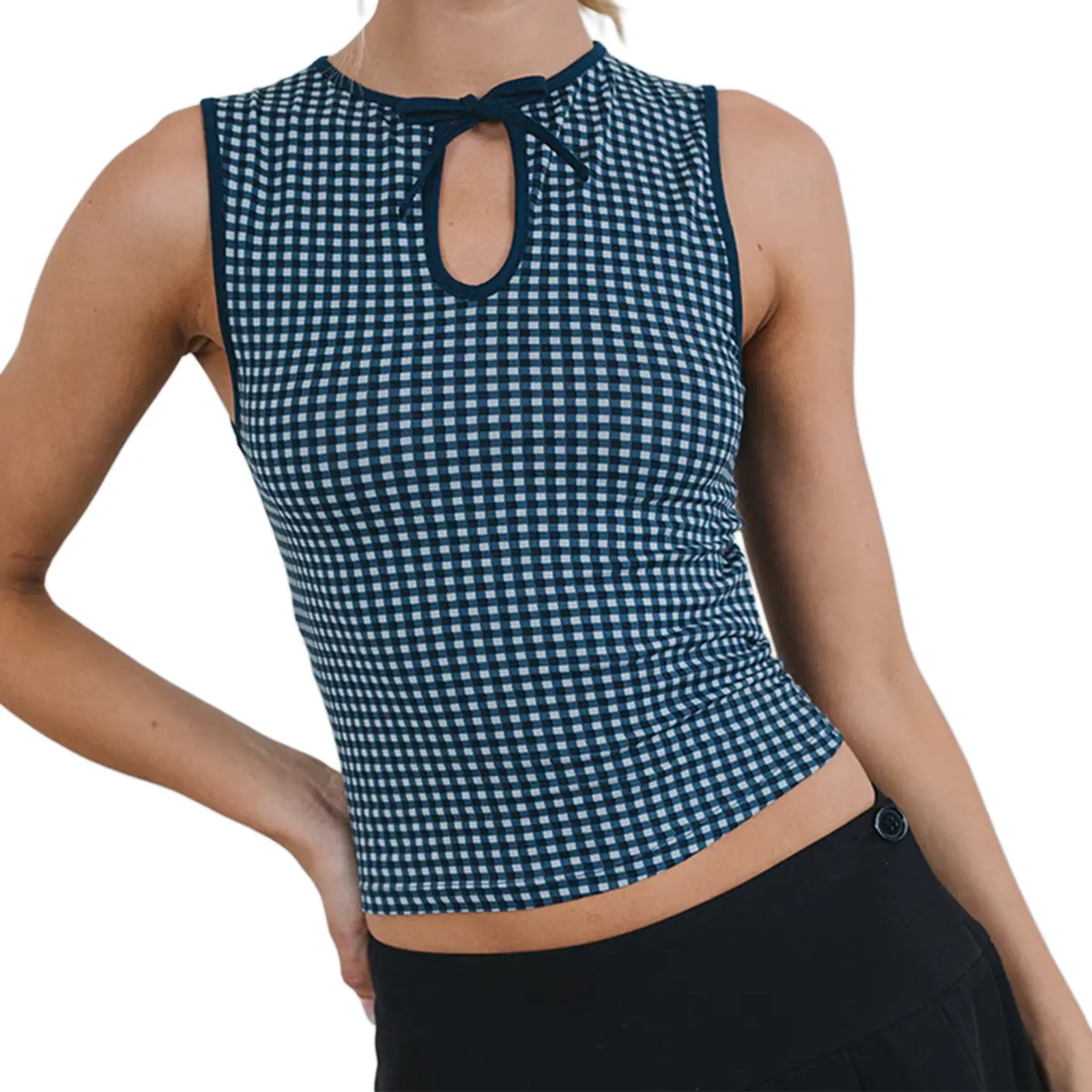 Women's Keyhole Tank Tops Sleeveless Tie-up Crew Neck Contrast Line/Plaid Print Tank Tops Summer Shirts
