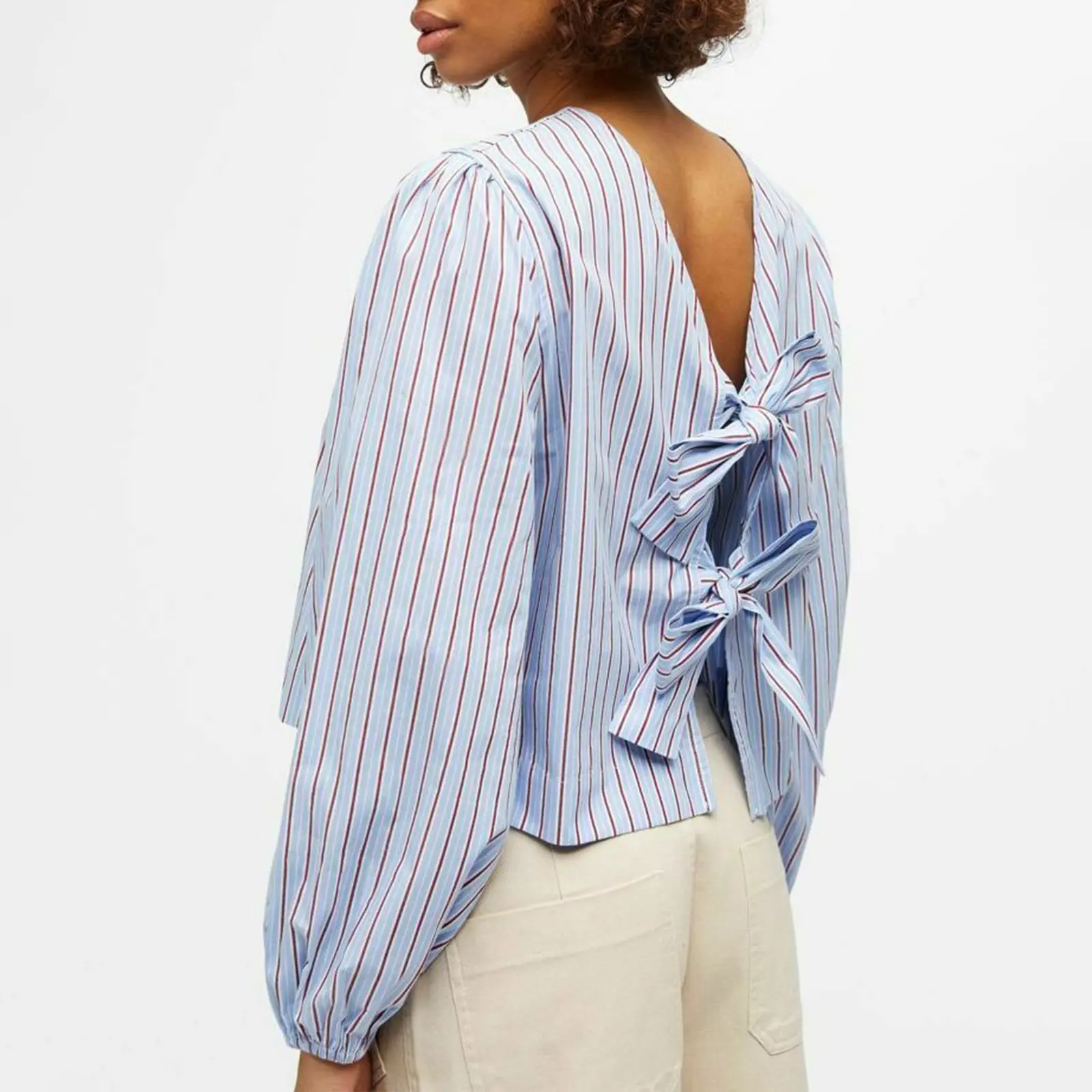 Women New Prairie Chic Sweet T-shirt Long Y2k Sleeve Tie-up Striped Loose Ladies Fall Blouse Bandage Tops Streetwear