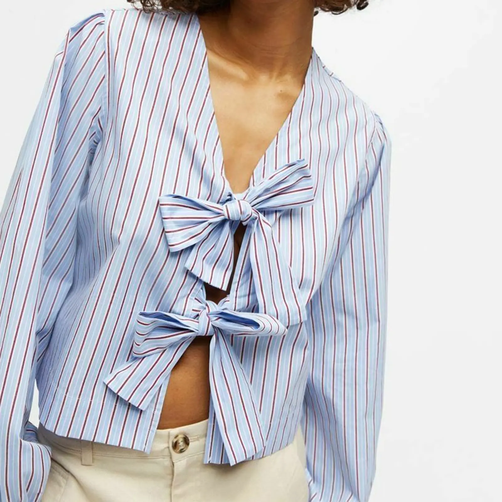 Women New Prairie Chic Sweet T-shirt Long Y2k Sleeve Tie-up Striped Loose Ladies Fall Blouse Bandage Tops Streetwear