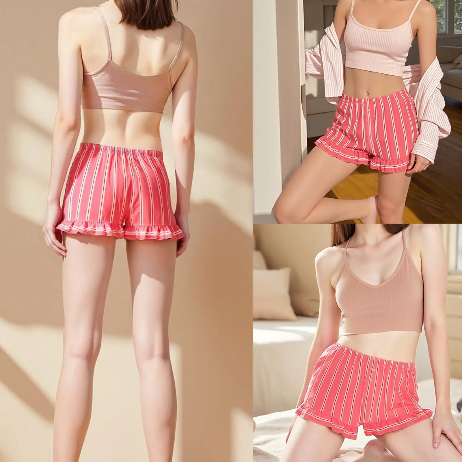 Women Lounge Shorts, Elastic Waist Striped Ruffled Summer Pajama Shorts Sleepwear