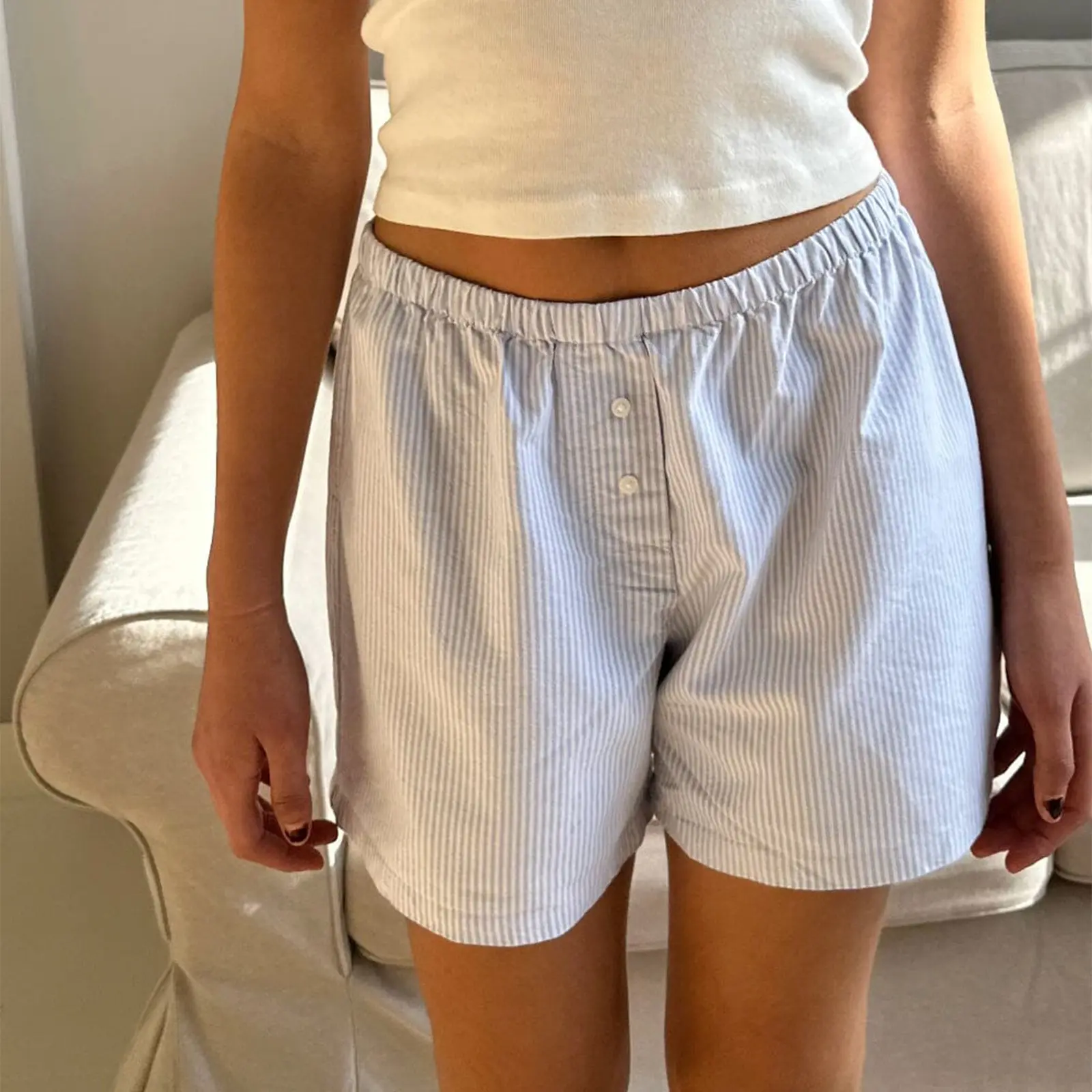 Women Casual Basics Striped Shorts, Elastic Waist Casual Shorts Summer Streetwear for Daily Date