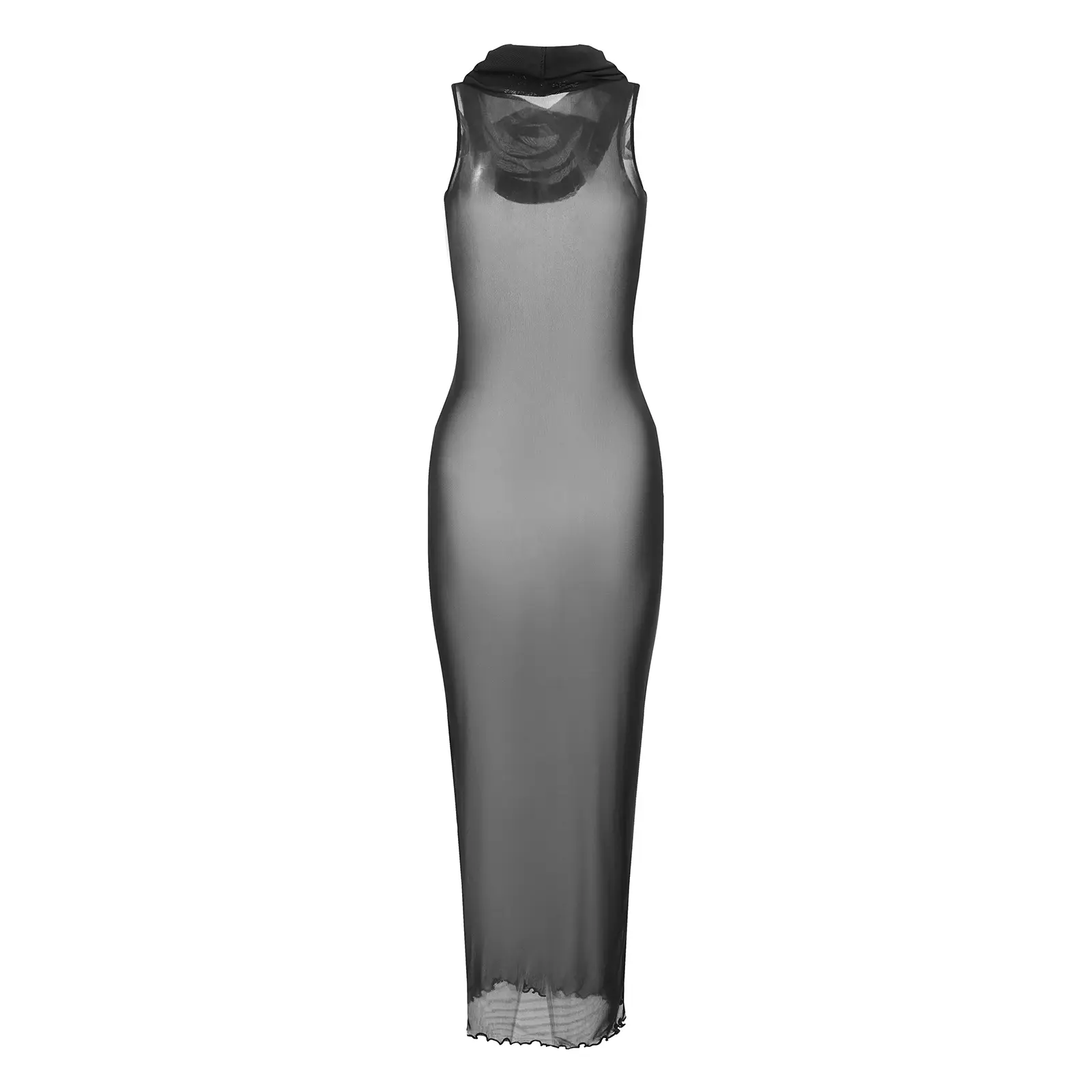 Women  Babydoll Nightdress Chemise Long Dress Solid Color Mesh Sheer Hooded Sleeveless Nightwear Nightgown