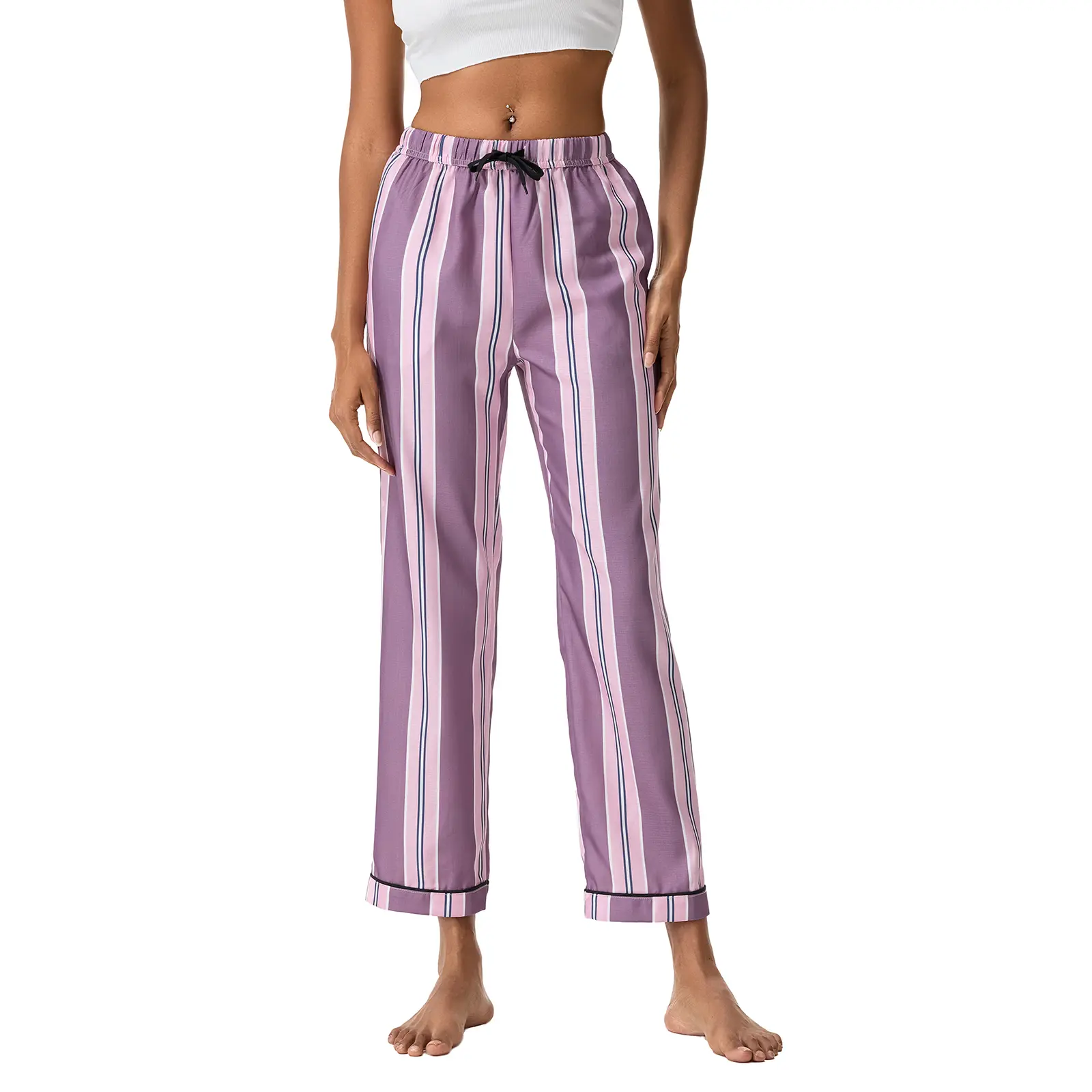 Women's Stripe Print Pajama Pants Drawstring Elastic Waist Long Trousers Cozy Lounge Bottoms