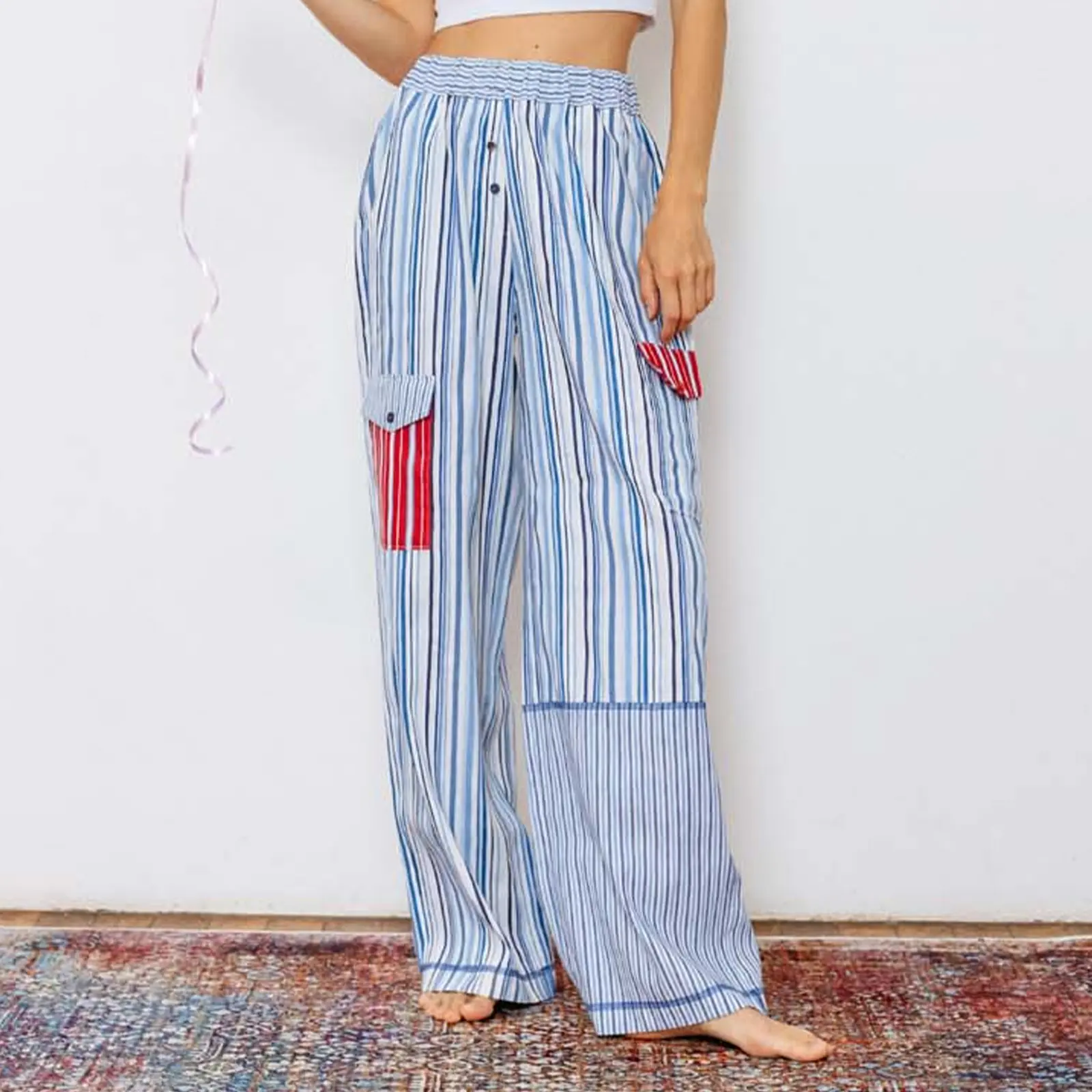 New Fashion Women Striped Pants, Elastic Waist Casual Pants Loose Trousers Streetwear with Pockets
