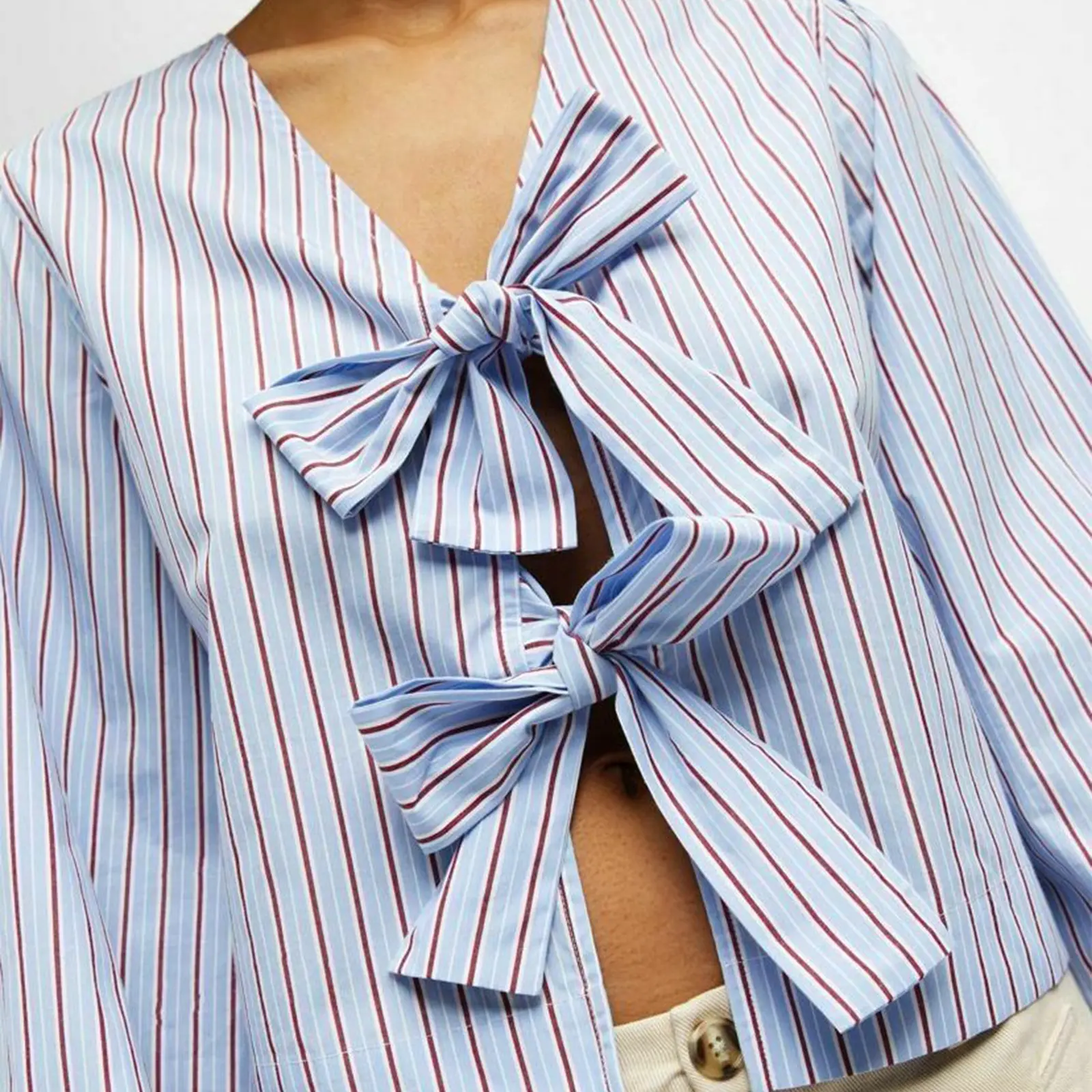 Women New Prairie Chic Sweet T-shirt Long Y2k Sleeve Tie-up Striped Loose Ladies Fall Blouse Bandage Tops Streetwear