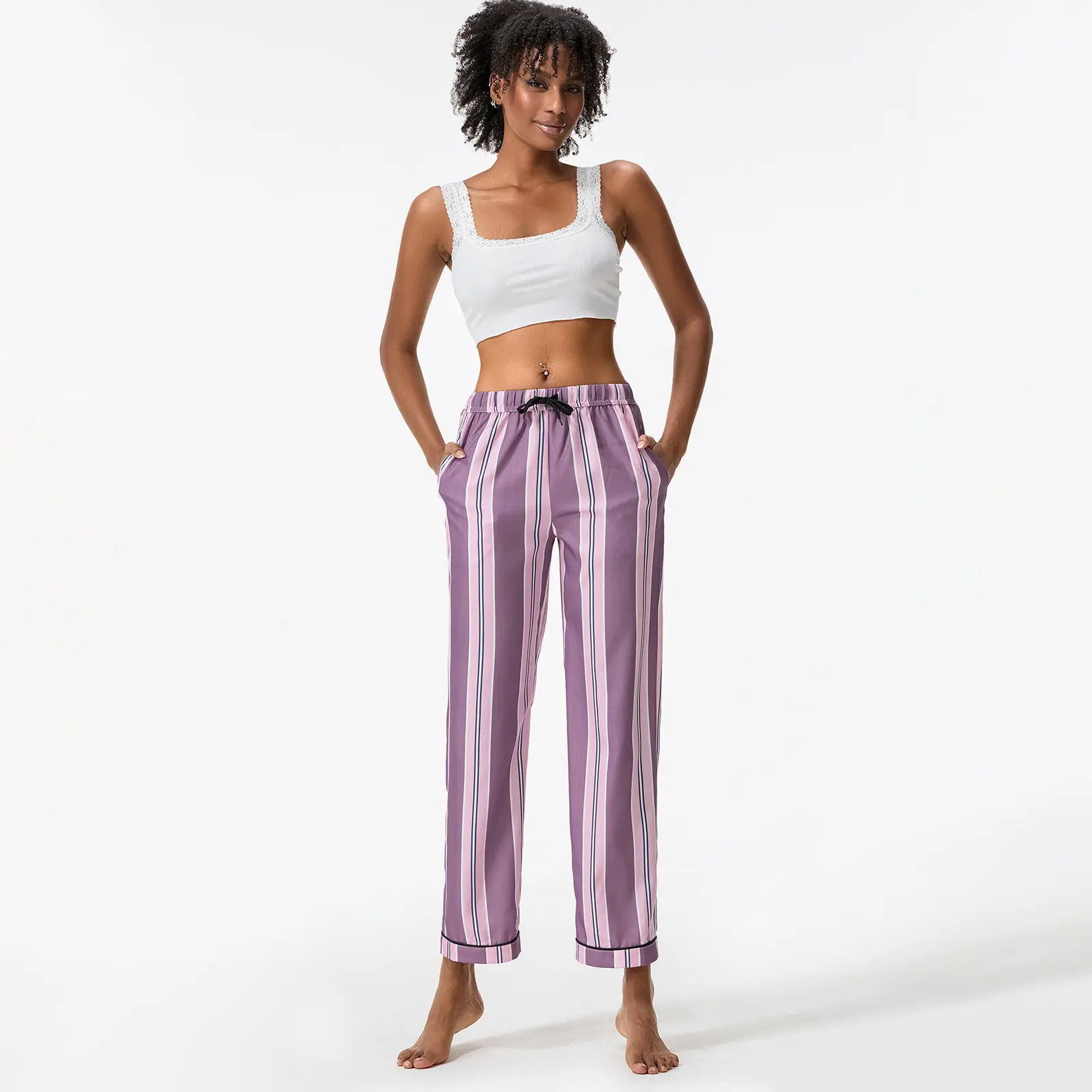 Women's Stripe Print Pajama Pants Drawstring Elastic Waist Long Trousers Cozy Lounge Bottoms