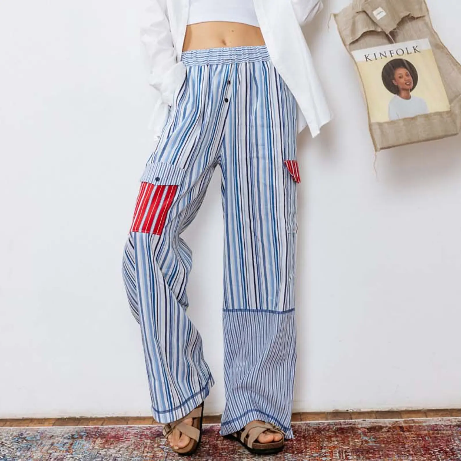 New Fashion Women Striped Pants, Elastic Waist Casual Pants Loose Trousers Streetwear with Pockets