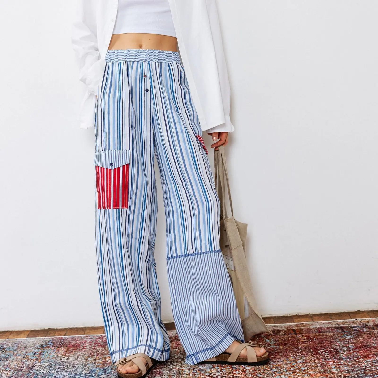 New Fashion Women Striped Pants, Elastic Waist Casual Pants Loose Trousers Streetwear with Pockets