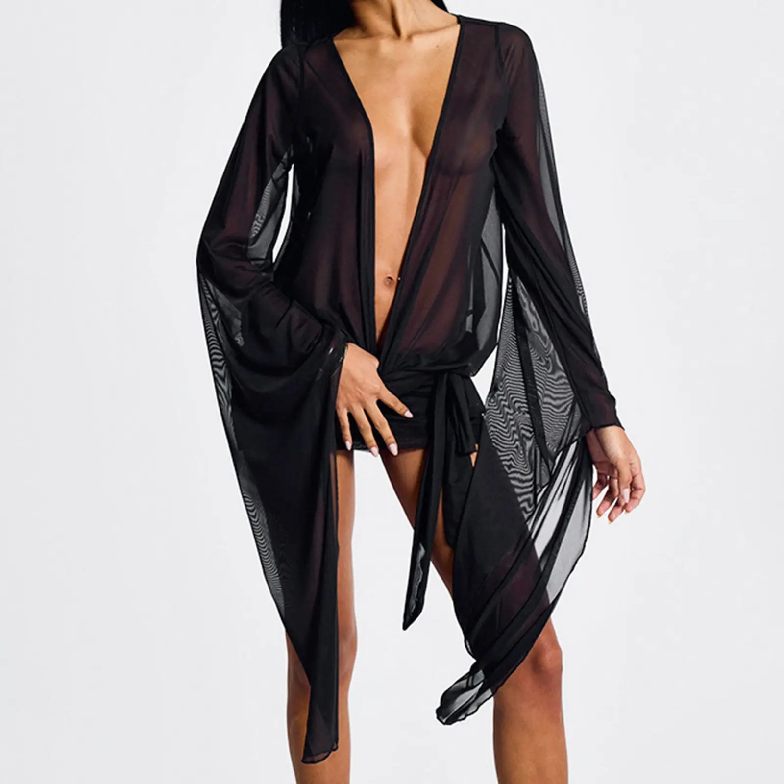 Women Mini Dress, Long Sleeve V Neck Backless Solid Color Sheer Dress Cocktail Dress