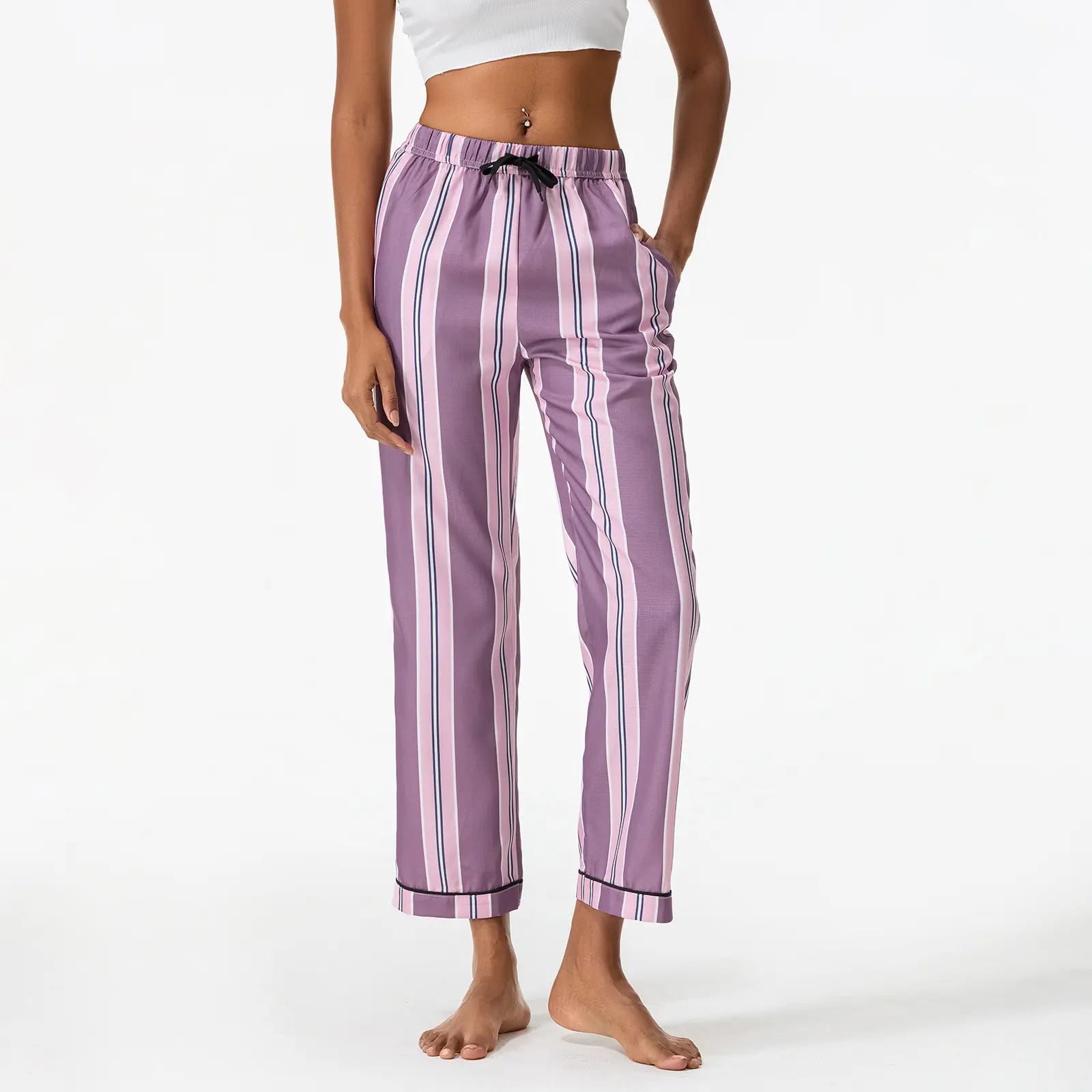 Women's Stripe Print Pajama Pants Drawstring Elastic Waist Long Trousers Cozy Lounge Bottoms