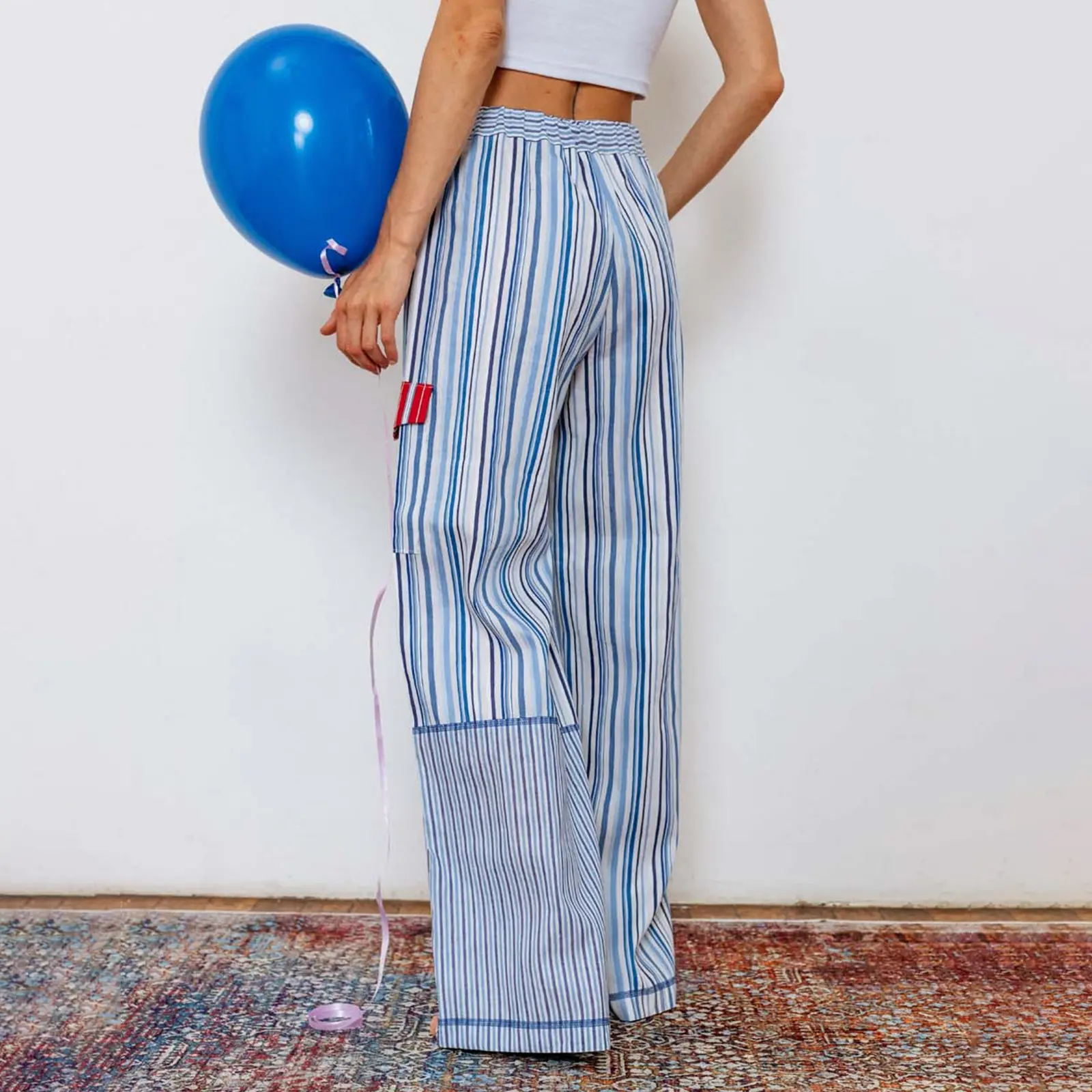 New Fashion Women Striped Pants, Elastic Waist Casual Pants Loose Trousers Streetwear with Pockets