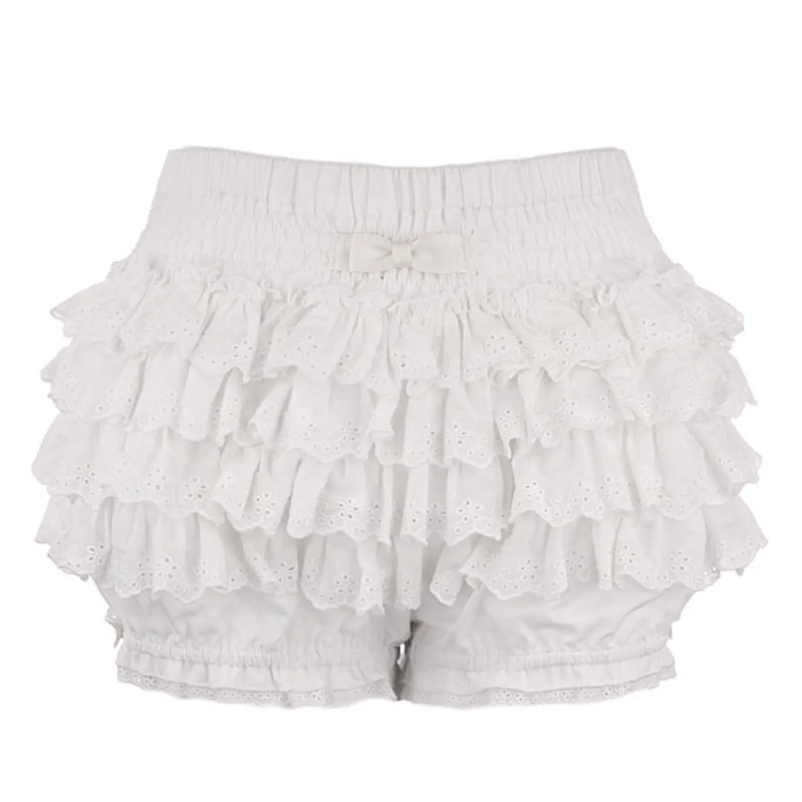 Women’s Layered Ruffle Shorts Casual Elastic Waist Solid Color Bow Shorts Lace Bloomers