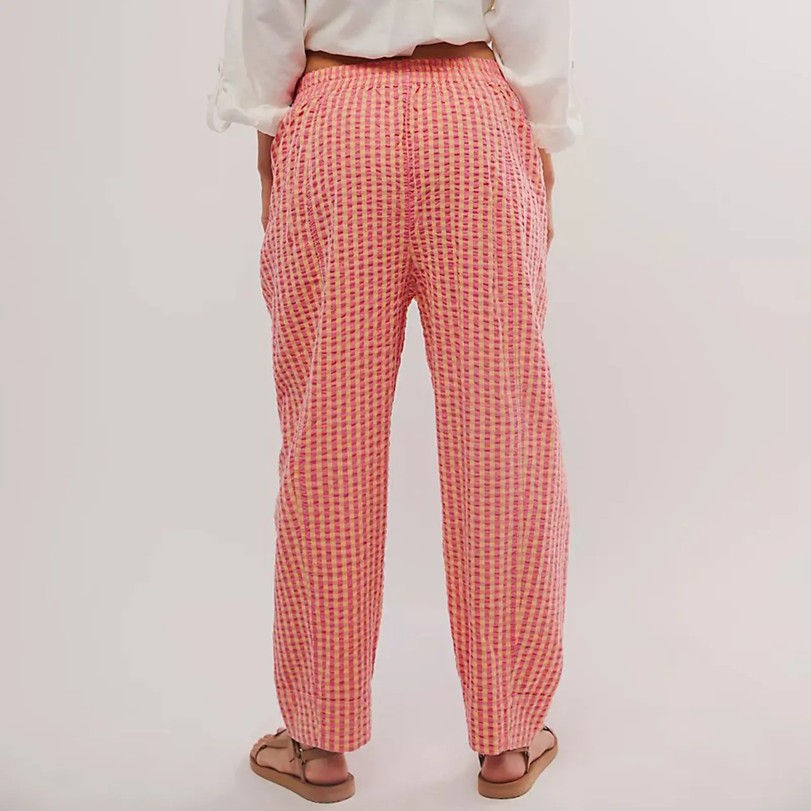 Women's Casual Spring Summer Baggy Pants Elastic Waistband Wide Leg Plaid Pants with 2 Pockets Women Pants Streetwear