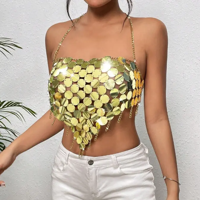 Women Metal Sequin Tops Sparkly Halter Neck Sleeveless Open Back Showing Navel Cami Tops with Chain Tassels
