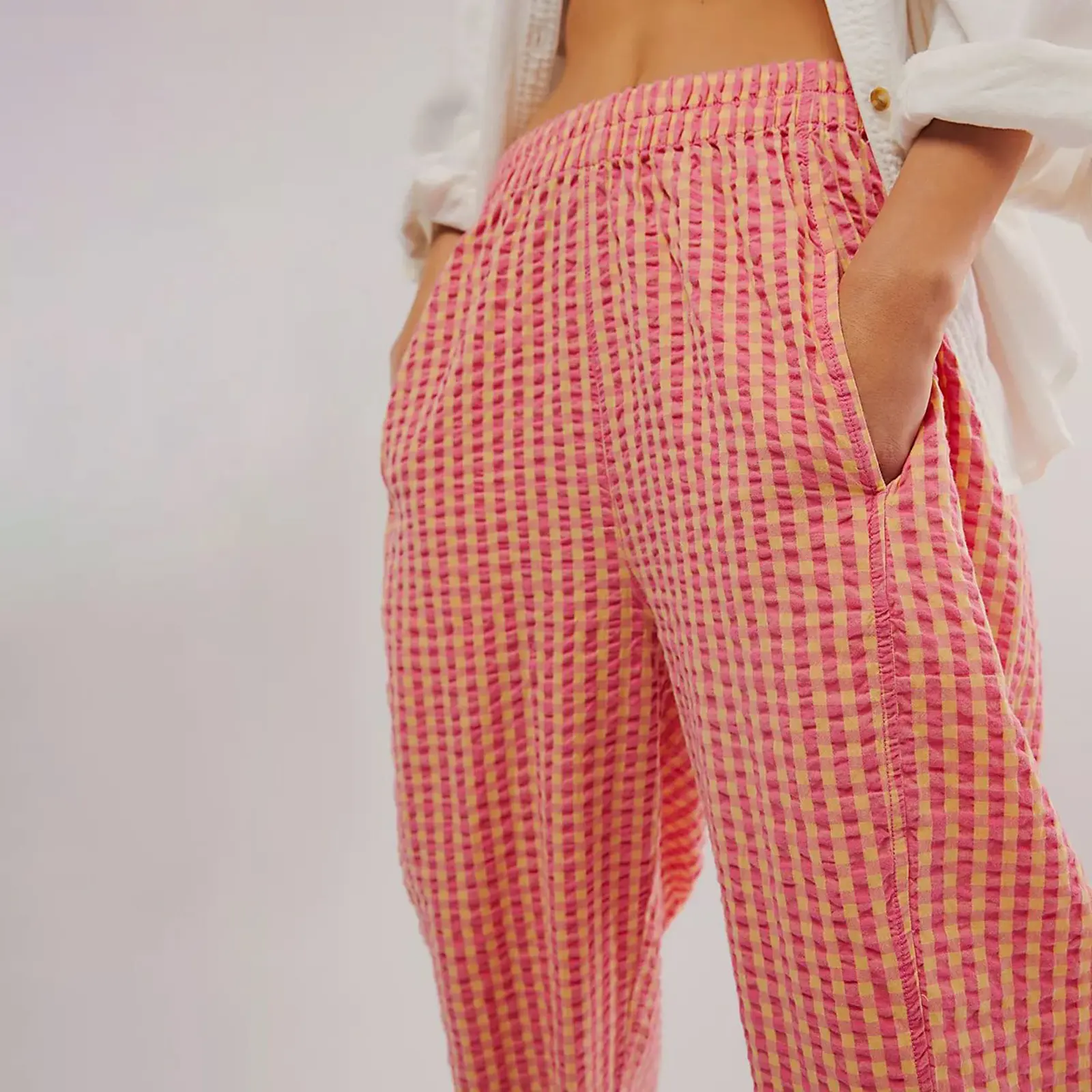 Women's Casual Spring Summer Baggy Pants Elastic Waistband Wide Leg Plaid Pants with 2 Pockets Women Pants Streetwear