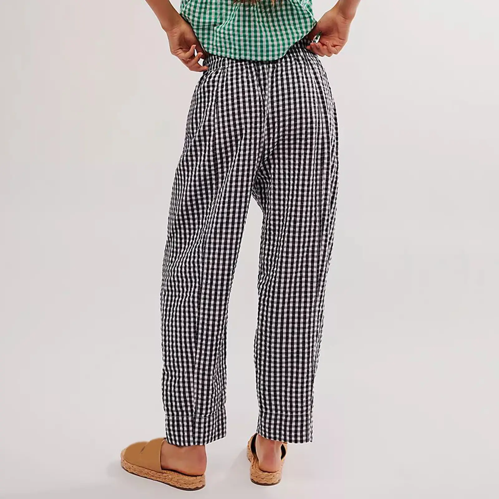 Women's Casual Spring Summer Baggy Pants Elastic Waistband Wide Leg Plaid Pants with 2 Pockets Women Pants Streetwear