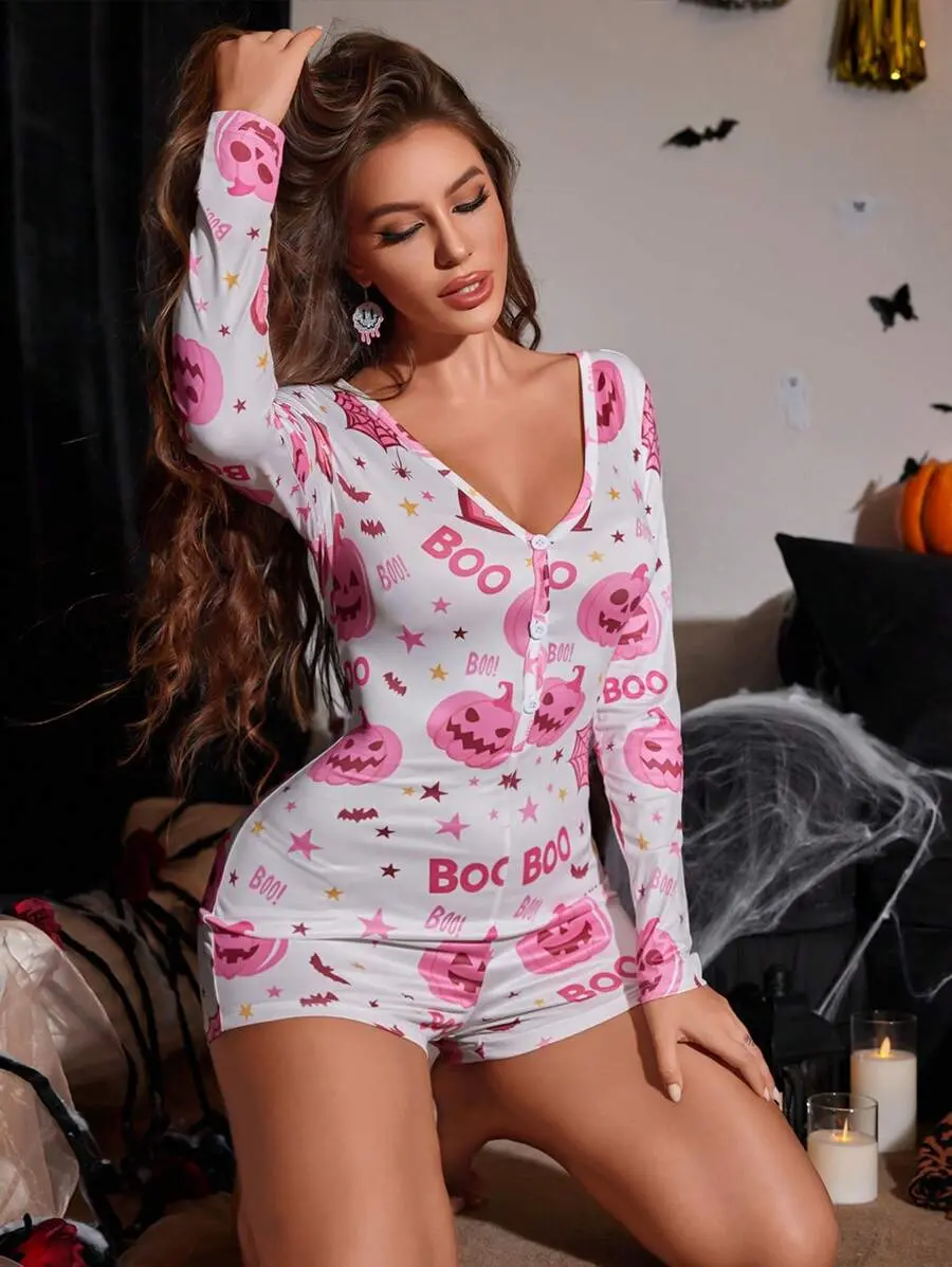 Women's Halloween Romper Pajamas Long Sleeve Button Front Pumpkin Print Bodycon Jumpsuit Shorts Sleepwear