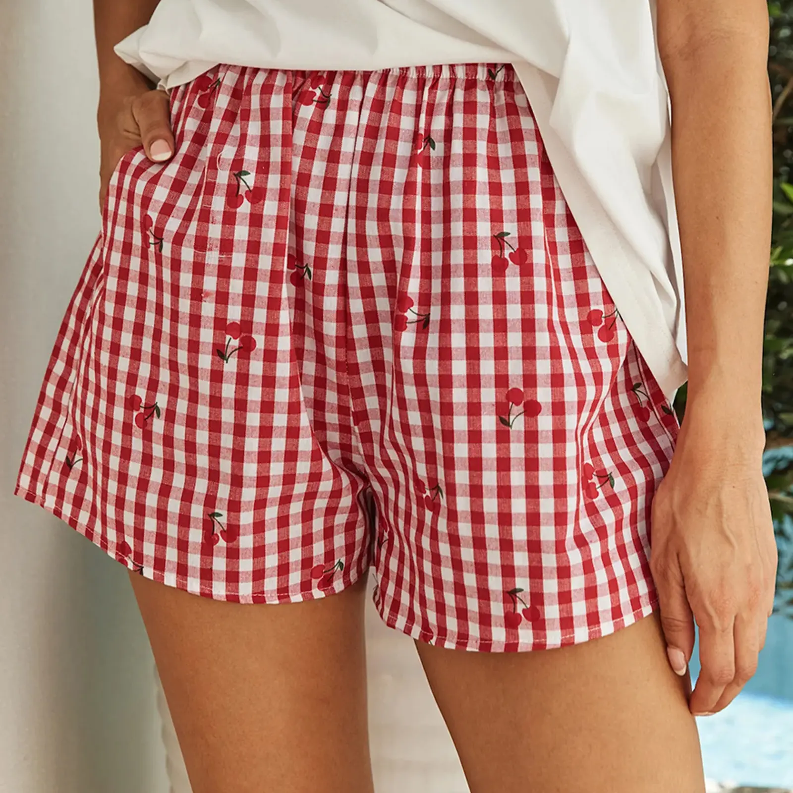 Women's Summer Casual Pajama Shorts Elastic Waistband Loose Cherry Print Plaid Lounge Shorts