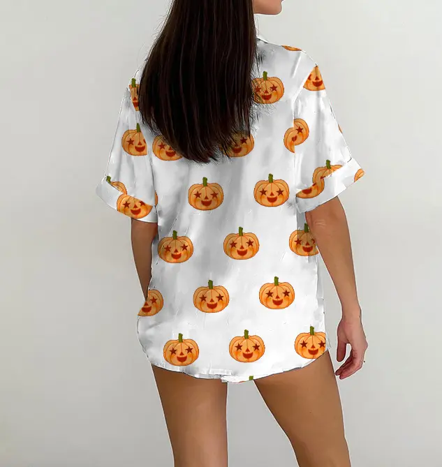 Women 2 Piece Halloween Pajama Set Pumpkin Print Short Sleeve Button-up Tops Elastic Waist Shorts