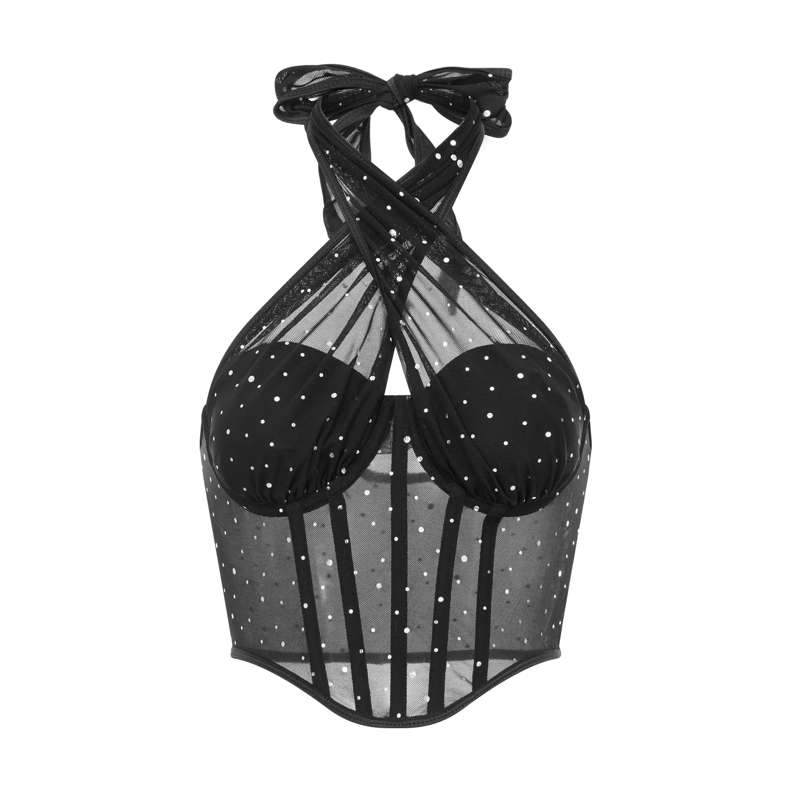 Women's Rhinestone Mesh Corset Tops Sleeveless Halter Neck Slim Fit Crop Tops Sheer Shirts