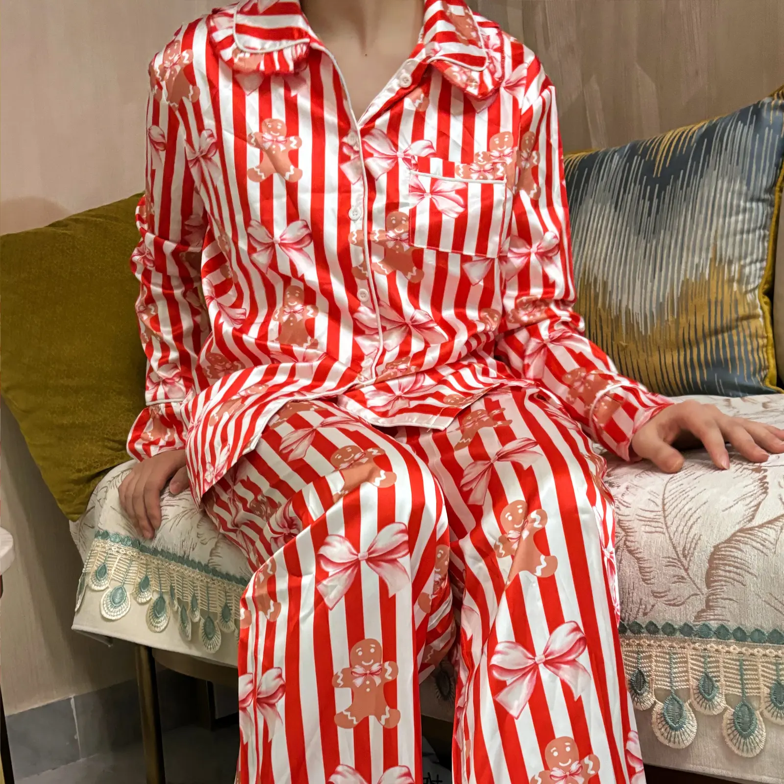 Women’s 2 Piece Christmas Pajama Set Long Sleeve Gingerbread Print Button Up Shirt + Pants Set Winter Sleepwear